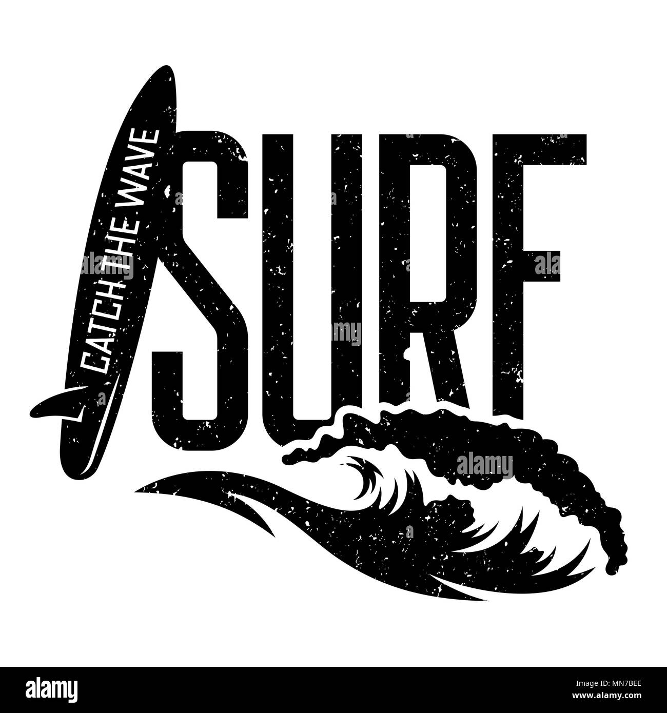 Surfen Artwork. Vector Illustration der 'Surf' Inschrift und stilisierte Welle und Surfbrett. T-shirts Grafik drucken. Die ursprüngliche Graphic Tee. Catc Stock Vektor