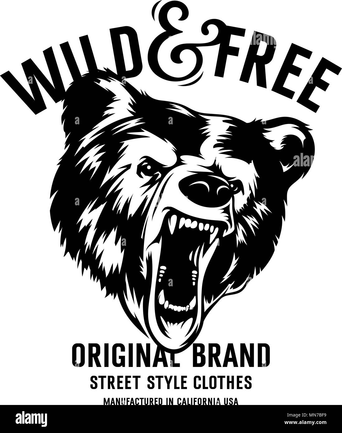Wild und Frei vintage Typografie mit Kopf eines Grizzlybären, t-shirt Druck Grafik Stock Vektor