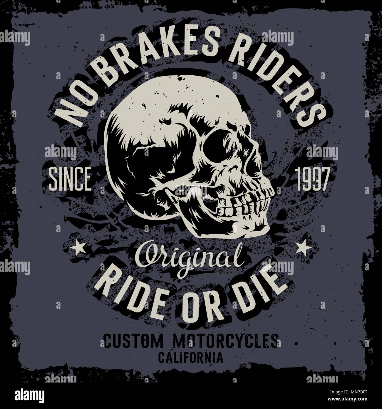 Vektor handgezeichnete Abbildung mit einem Totenschädel. Keine Bremsen Reiter. Reiten oder Sterben. Custom Motorräder. T-shirt Grafiken drucken. Grunge Hintergrund Stock Vektor
