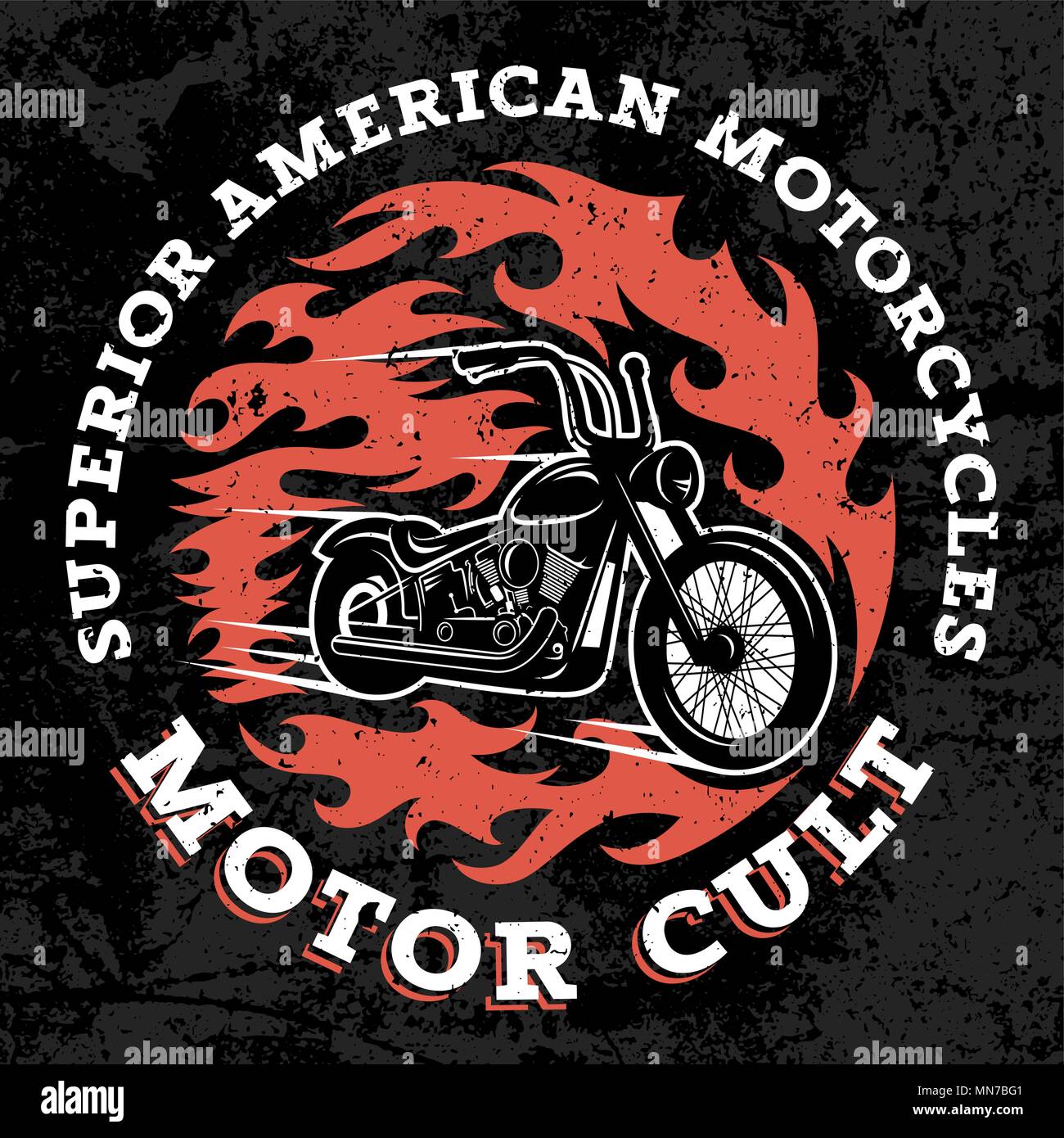 Classic chopper Motorrad mit Feuer Flamme. T-shirt Grafiken drucken. Überlegene amerikanische Motorräder. Motor Kult. Grunge Textur auf einem separaten Layer Stock Vektor