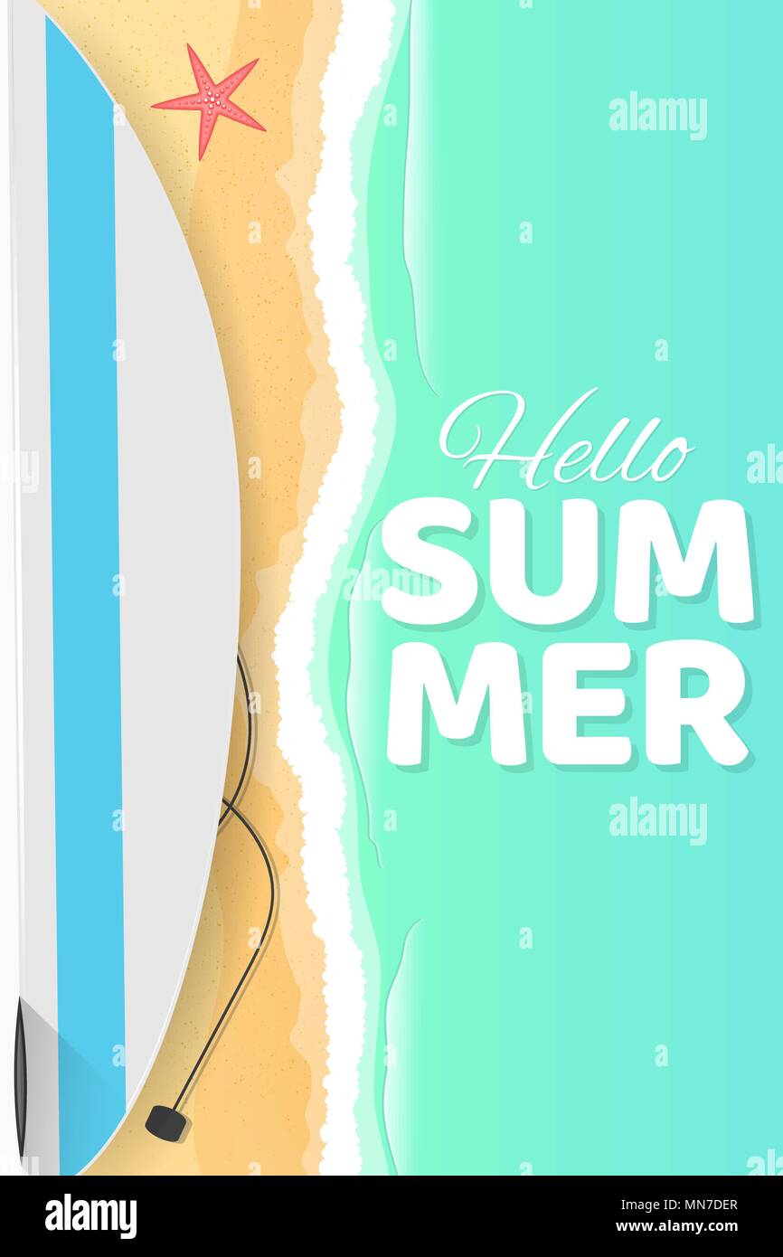 Sommer Saison Poster. Hallo Sommer. Surfboard, der am Ufer des Meeres. Sand Strand. Cartoon Flat Style. Badesaison. Red Starfish. Jahreszeit für das Surfen. Vec Stock Vektor