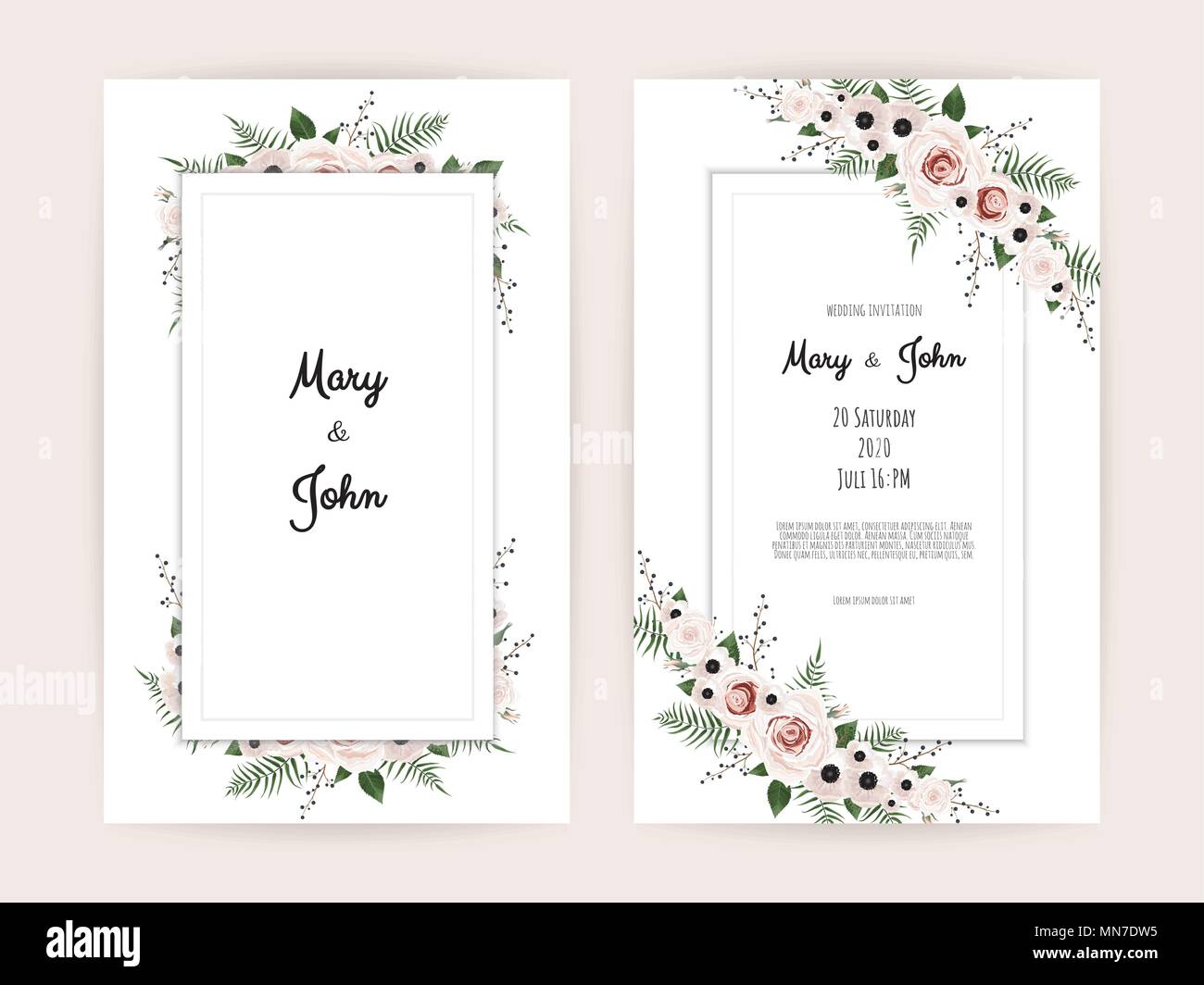 Blumen Hochzeit Einladung Botanische Karte Vektor Design Garten Rosa Pfirsich Rose Blume Anemonen Grunen Eukalyptus Zartes Grun Stock Vektorgrafik Alamy