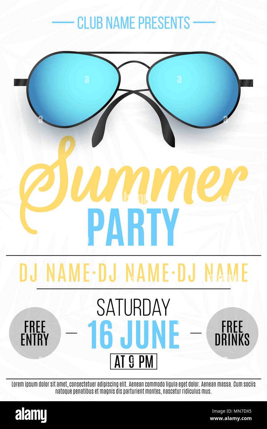 Plakat für eine Sommerparty. Farbenfrohe Strand Sonnenbrille auf weißem Hintergrund mit Palmen. Die Namen der Club und DJ. Farbigen Text. Sommer Disco Stock Vektor