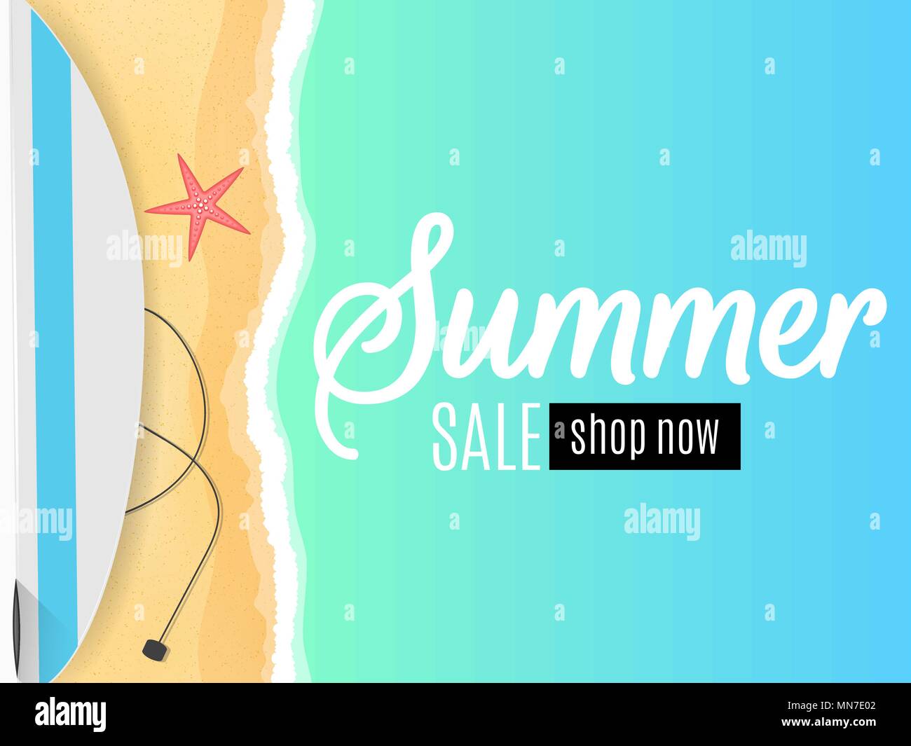 Saisonale Plakat für Summer Sale. Hallo Sommer. Surfboard, der am Ufer des Meeres. Sand Strand. Cartoon Flat Style. Große Rabatte. Red Starfish. Saison für Surf Stock Vektor