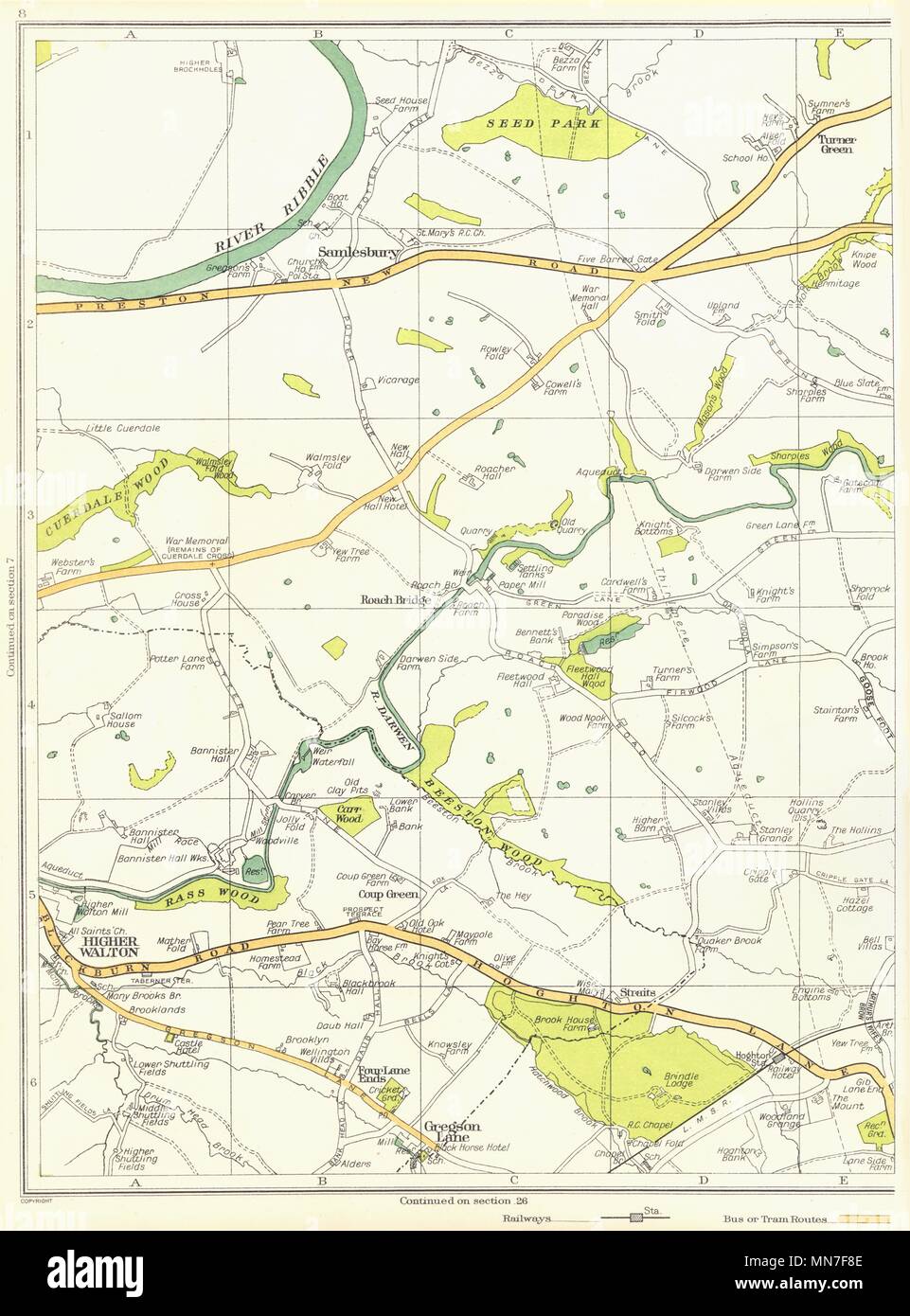 LANCS. Samlesbury, Turner Grün, Rass Holz, höhere Walton, Gregson Lane 1935 Karte Stockfoto