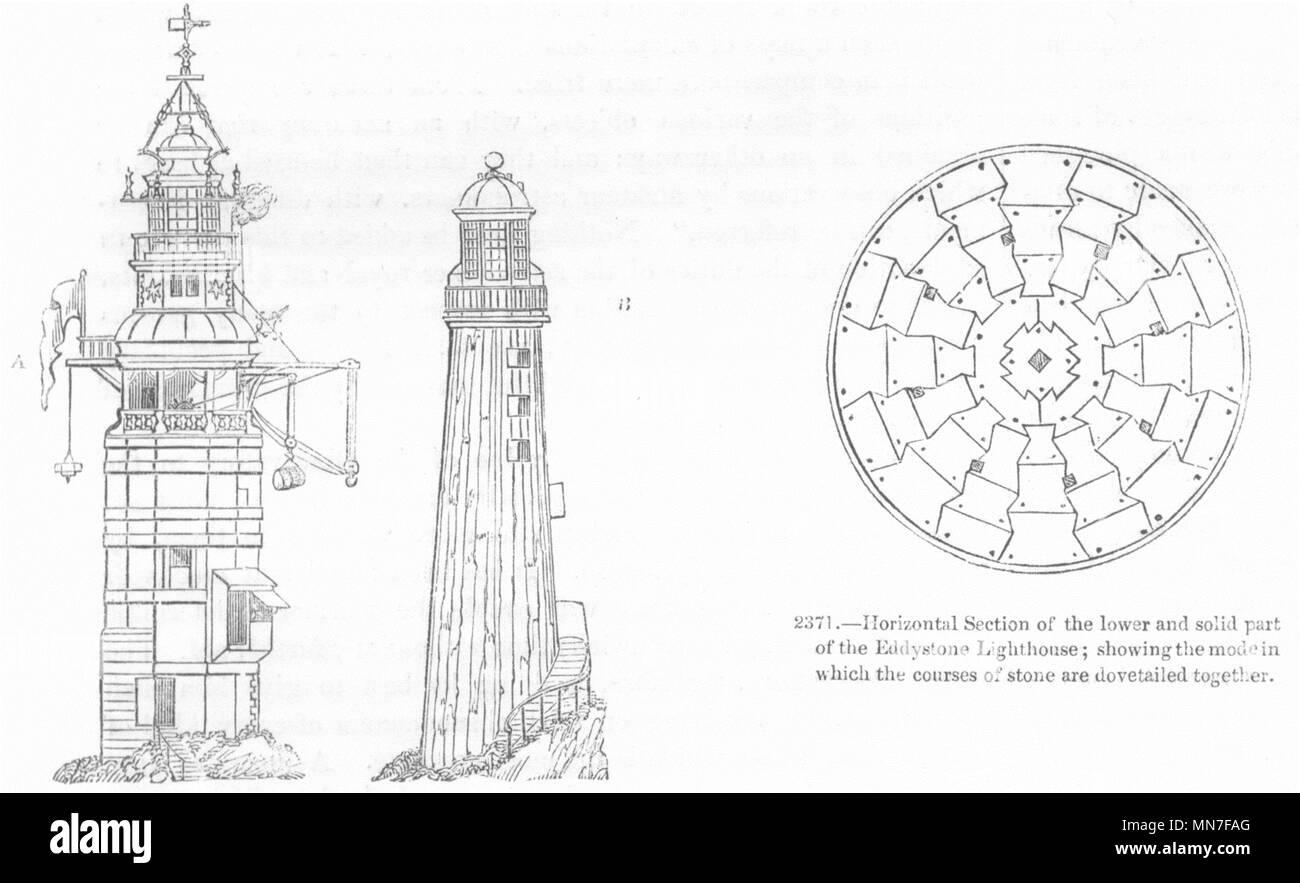 Leuchttürme. Winstanley, Rudyerd; Eddystone Abschnitt 1845 alten, antiken Drucken Stockfoto