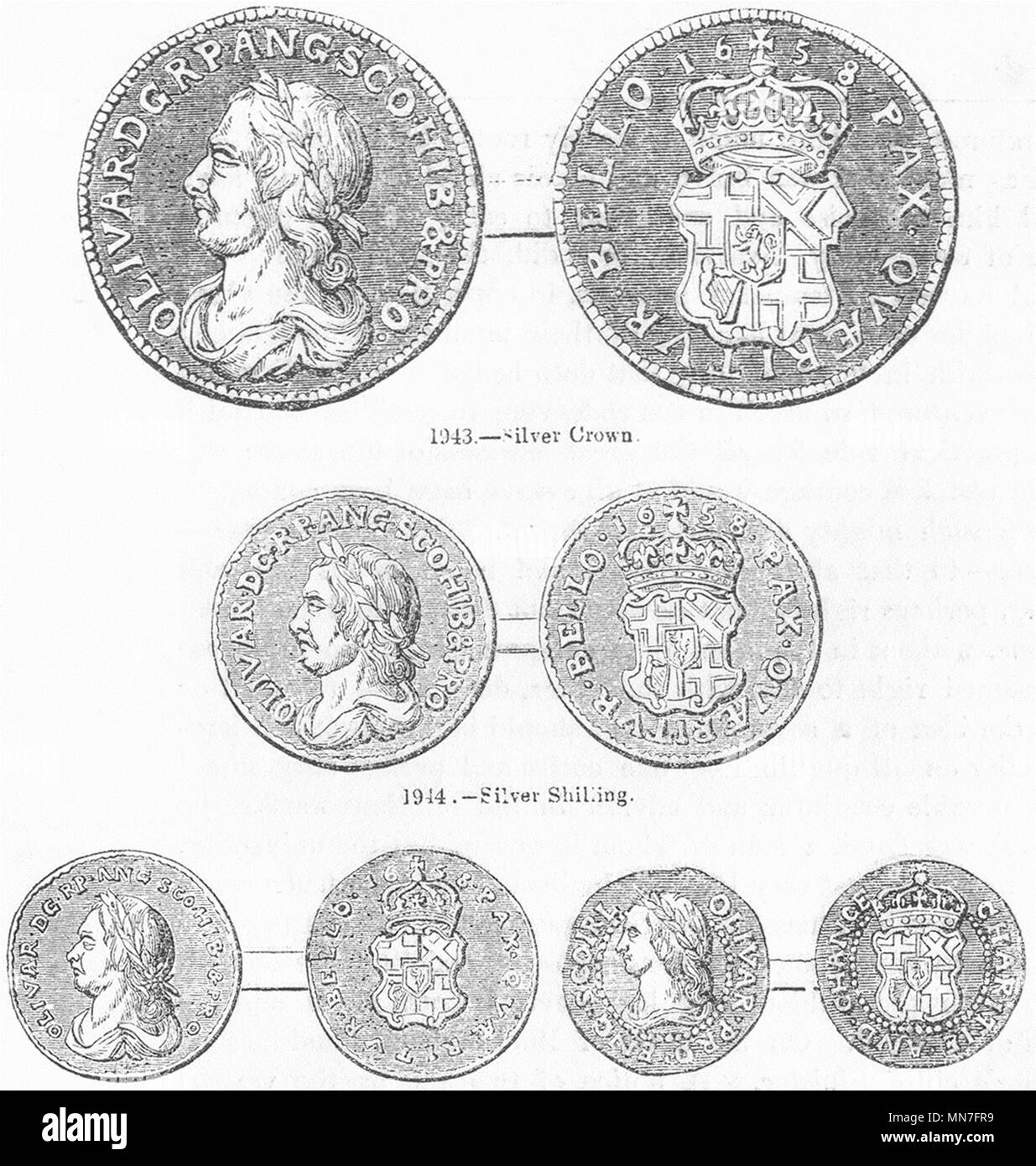 OLIVER CROMWELL. Krone, Shilling, Sixpence; Farthing 1845 alten, antiken Drucken Stockfoto