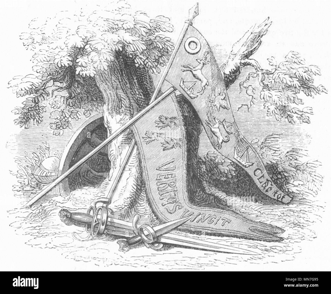 FLODDEN FIELD. Schwert 7 Dolch von James IV, Banner 1845 alten, antiken Drucken Stockfoto