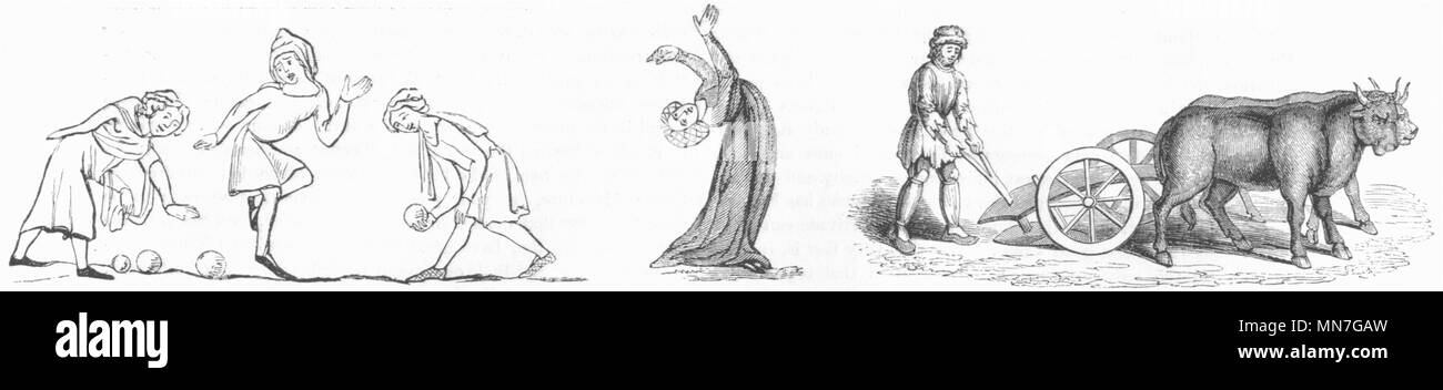 Die Gesellschaft. Bowling-Ball; Taumeln; 2 Rädern Pflug 1845 alten, antiken Drucken Stockfoto