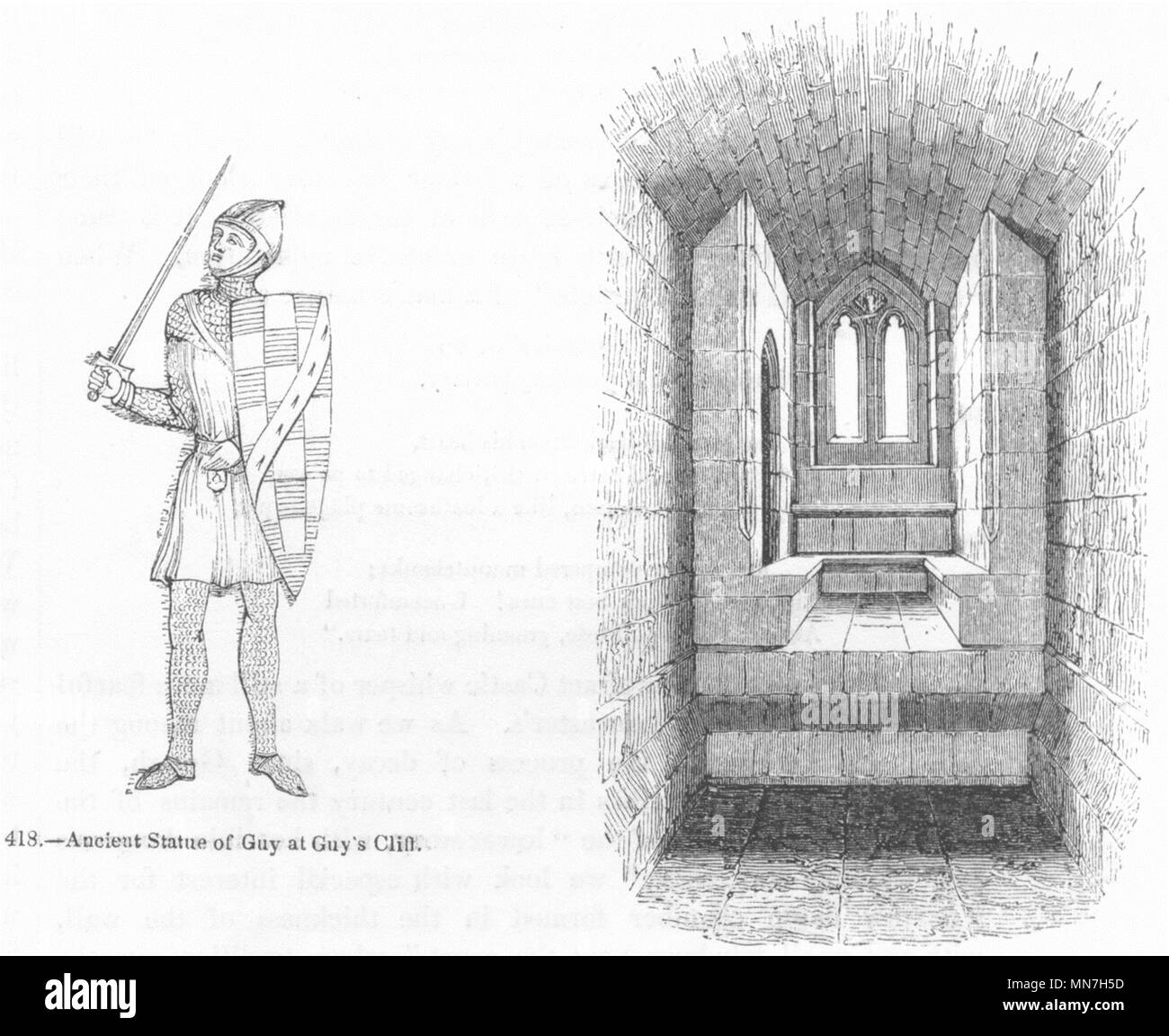 WARKWORTH. Schloss; Guy Statue, Guy Cliffe; 1845 alte antike Bild drucken Stockfoto