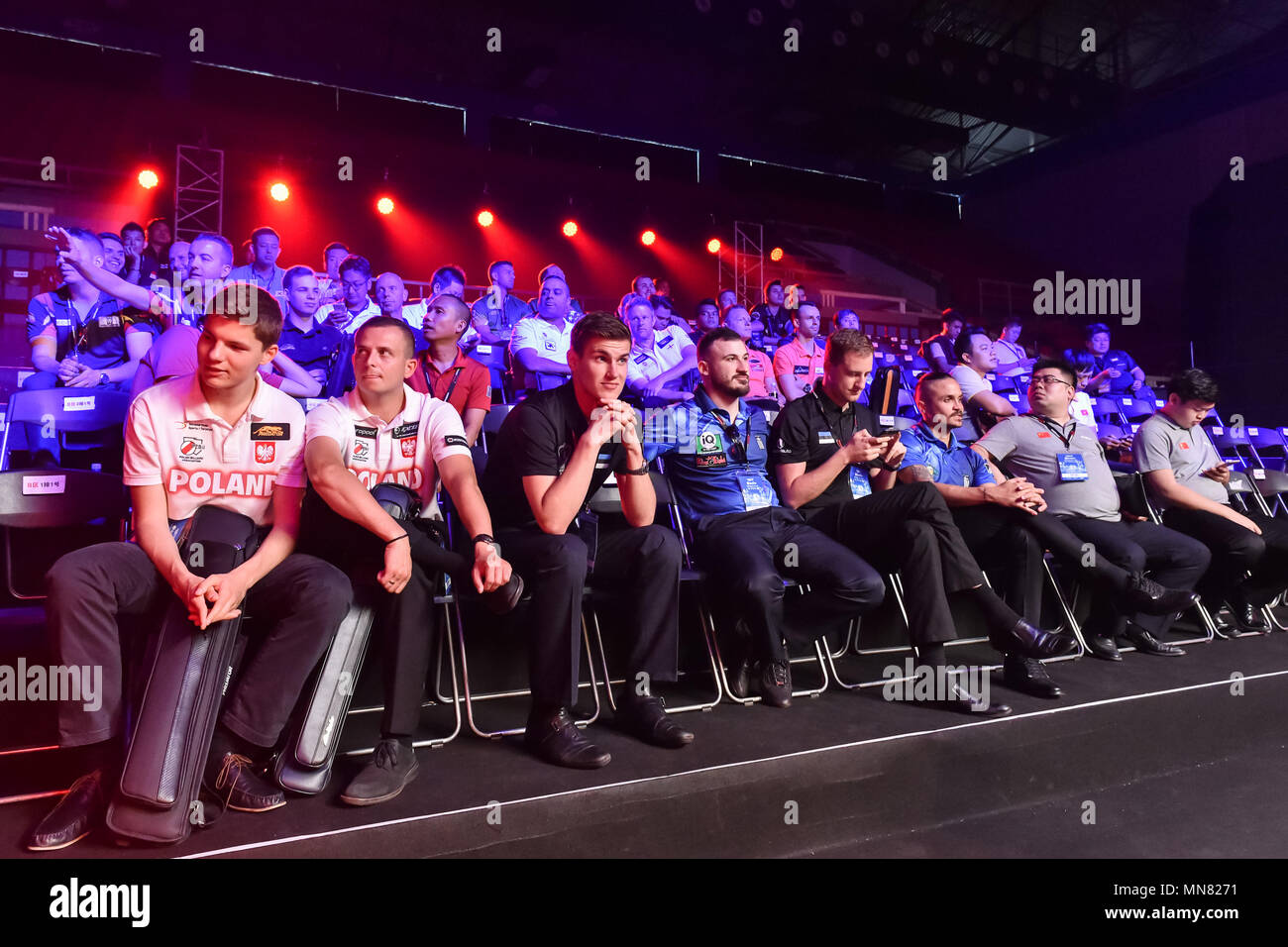 Shanghai, China. 15. Mai 2018. Die internationalen Spieler beim World Cup of POOL 2018: Eröffnung im Luwan (Gymnasium) Arena am Dienstag, den 15. Mai 2018. SHANGHAI, China. Credit: Taka G Wu Credit: Taka Wu/Alamy leben Nachrichten Stockfoto