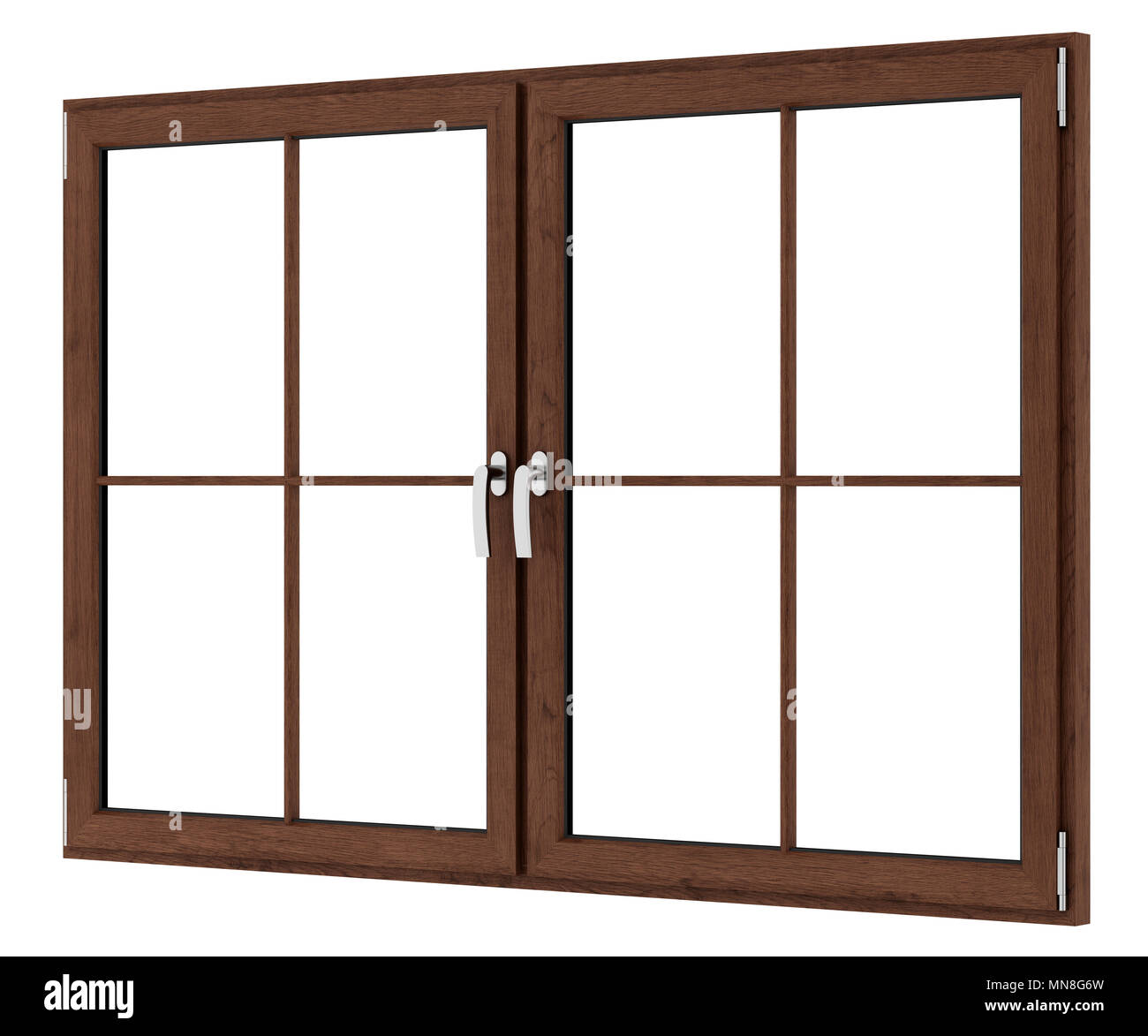 Braun Holz- Fenster auf weißem Hintergrund. 3D-Darstellung Stockfoto