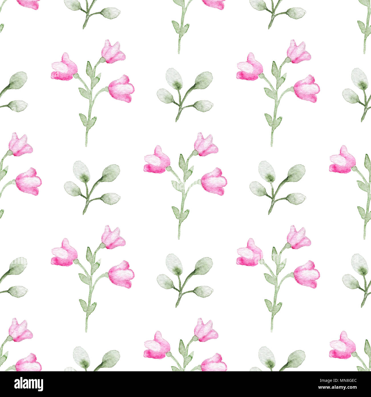 Blumen Aquarell nahtlose Muster mit grünen Zweig und rosa Blumen auf weißem Hintergrund Stockfoto