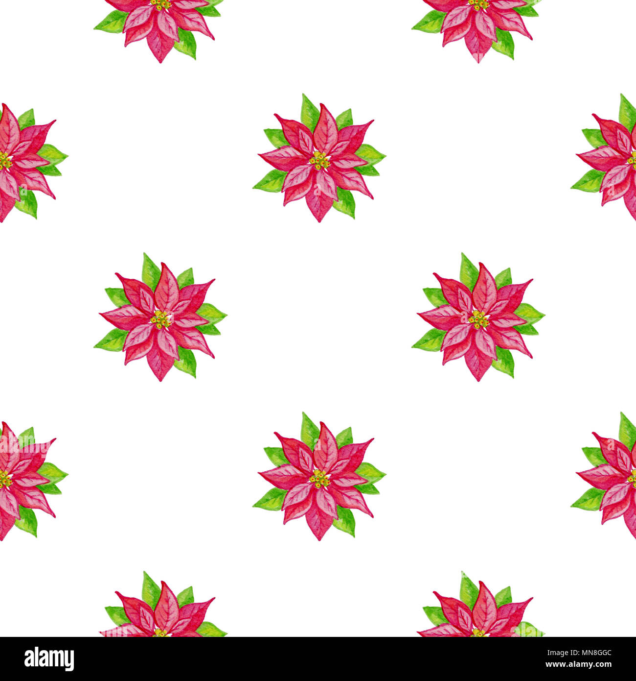 Dekorative Weihnachten Aquarell nahtlose Muster mit roten Blumen auf weißem Hintergrund Stockfoto