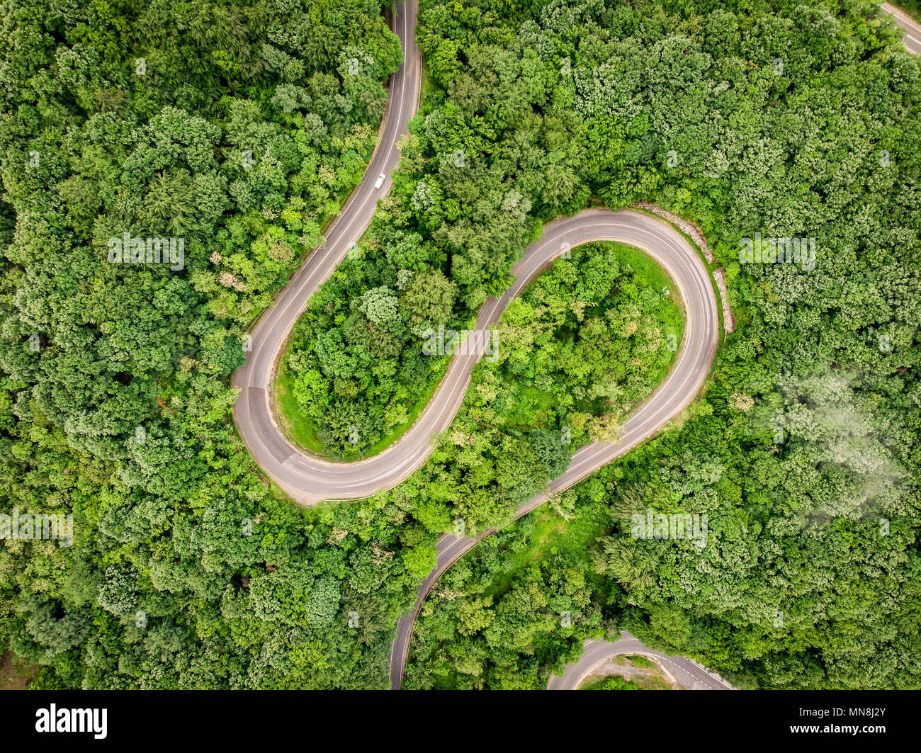 Mountain Road von oben Luftbild über einen Wald gesehen Stockfoto