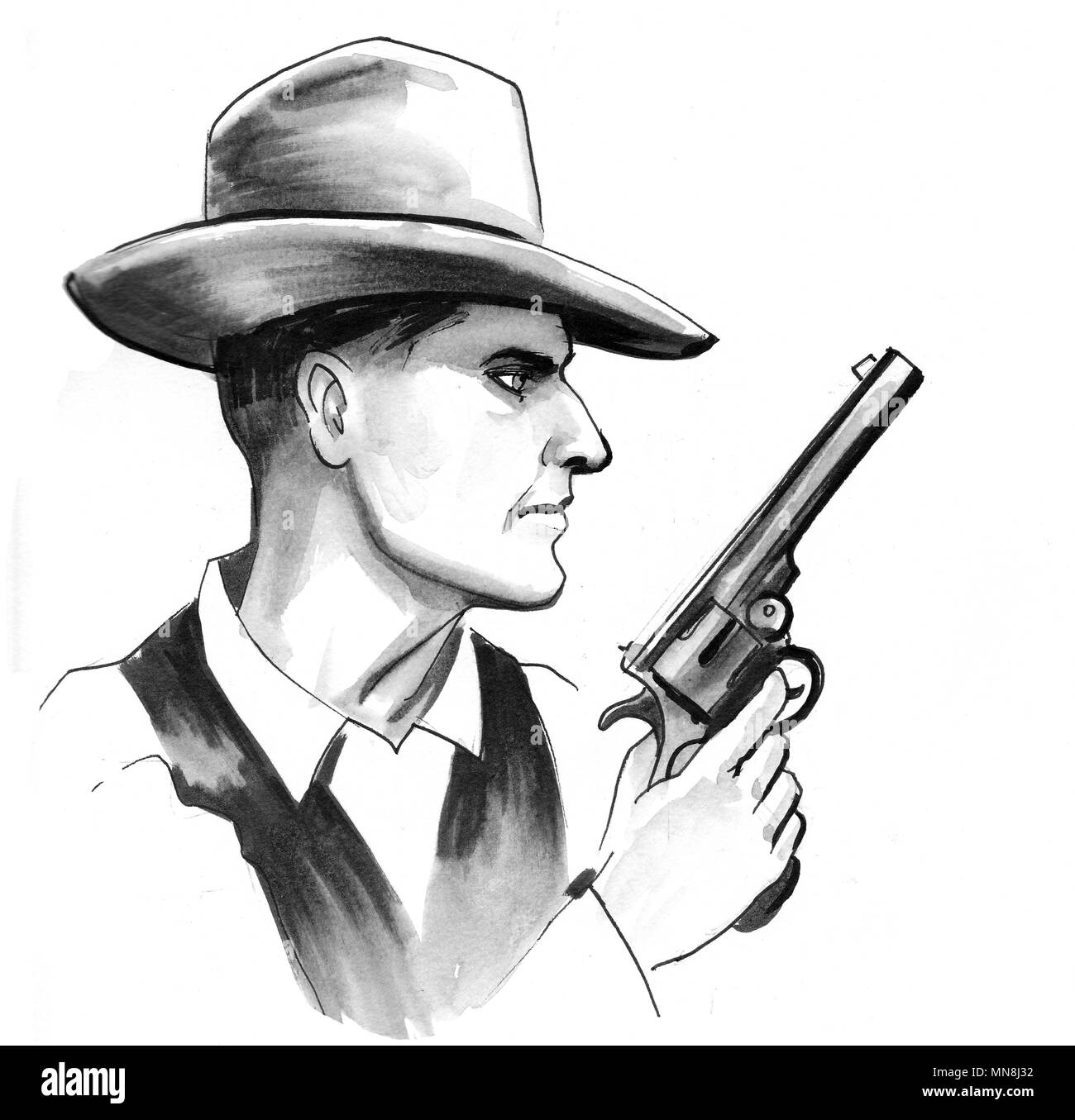 Sheriff mit einem Revolver Pistole. Tinte schwarz-weiss Zeichnung Stockfoto
