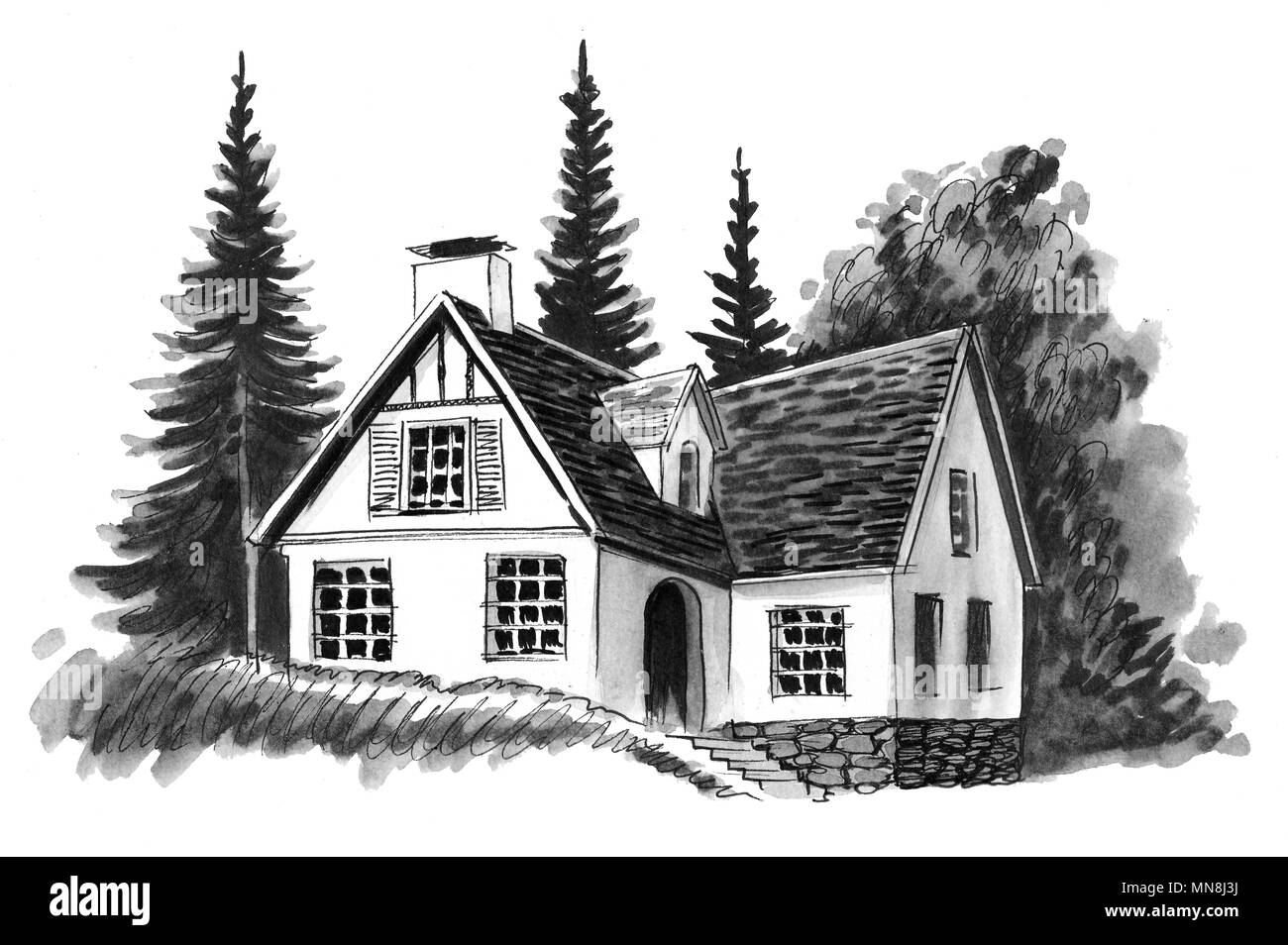 Wunderschönes, kleines Haus. unter den Bäumen. Tinte schwarz-weiss Zeichnung Stockfoto