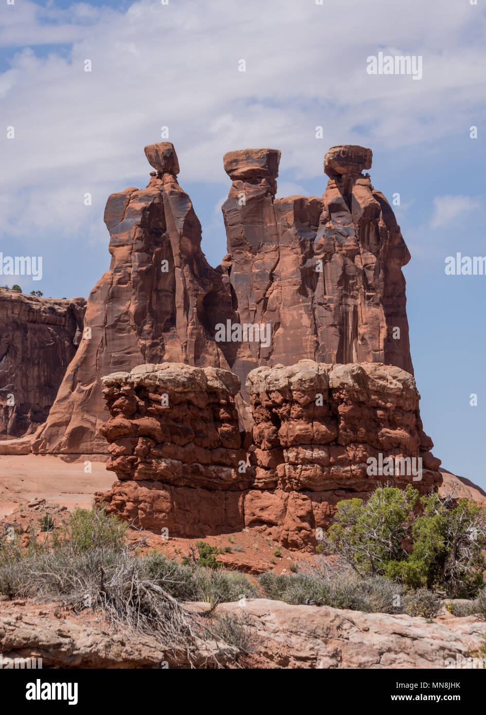 Die drei Schwestern Felsformation im Arches National Park, Utah Stockfoto