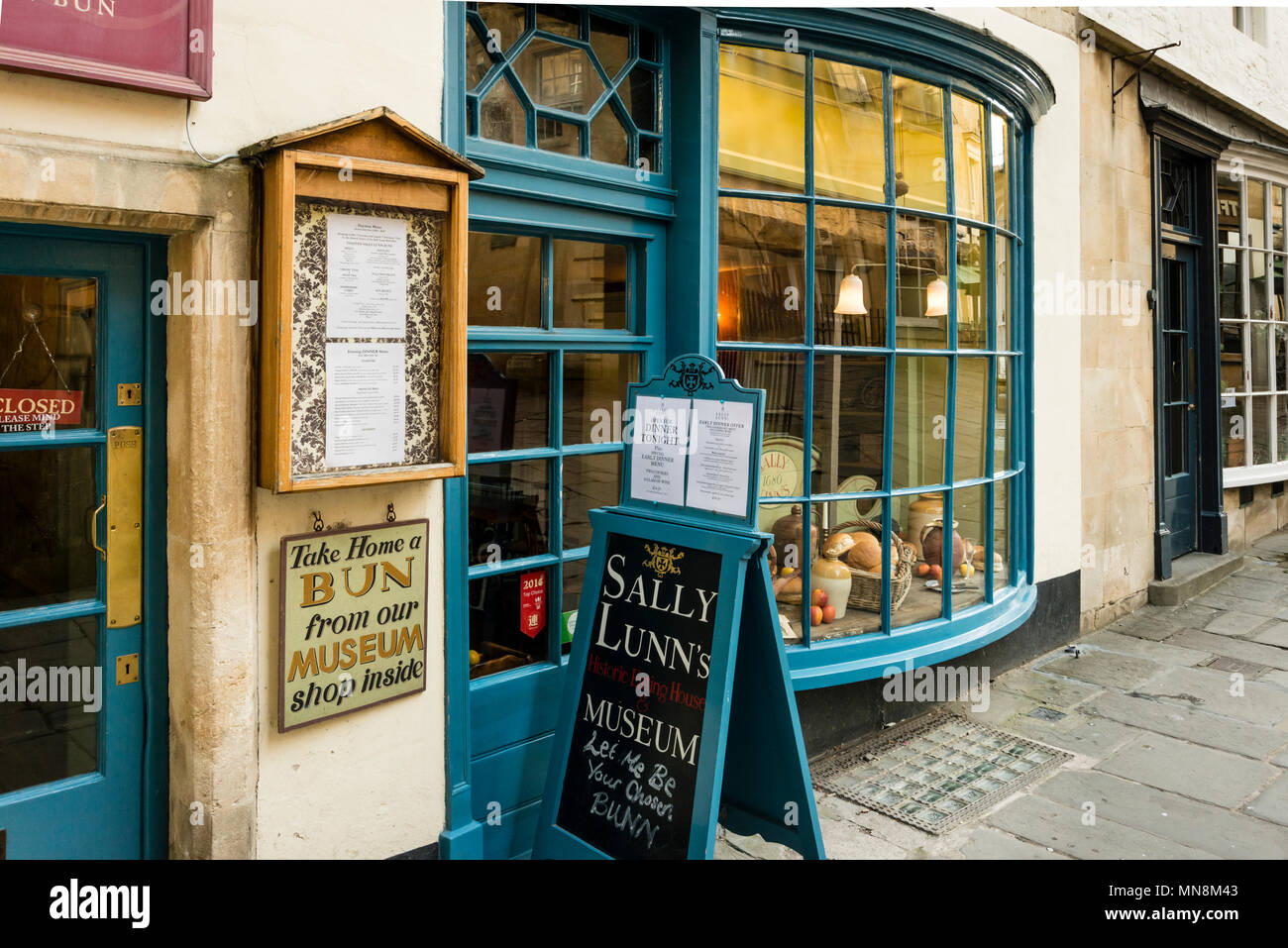 Sally Lunn Cafe Restaurant Eingang, Badewanne, Somerset, Großbritannien Stockfoto