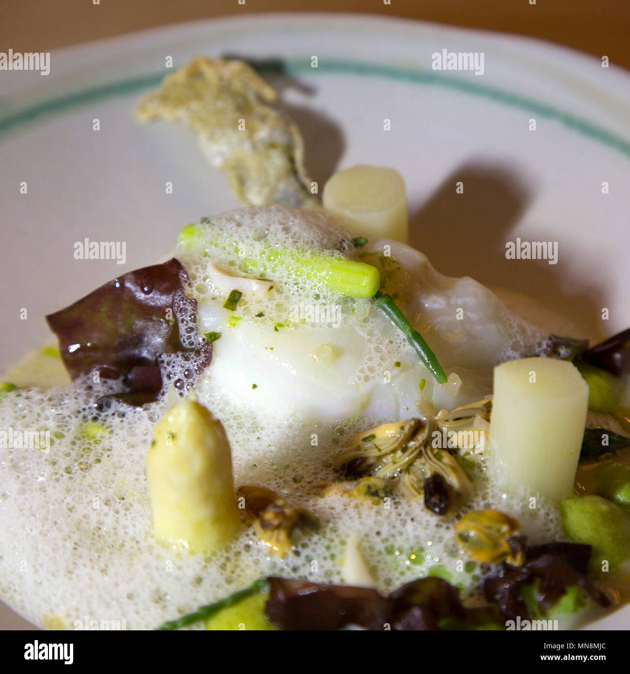 Weißer Spargel serviert mit Gemüse der Saison und eine Butter-Schaum. Die spargelsaison läuft traditionell von Anfang April bis 24. Juni. Stockfoto