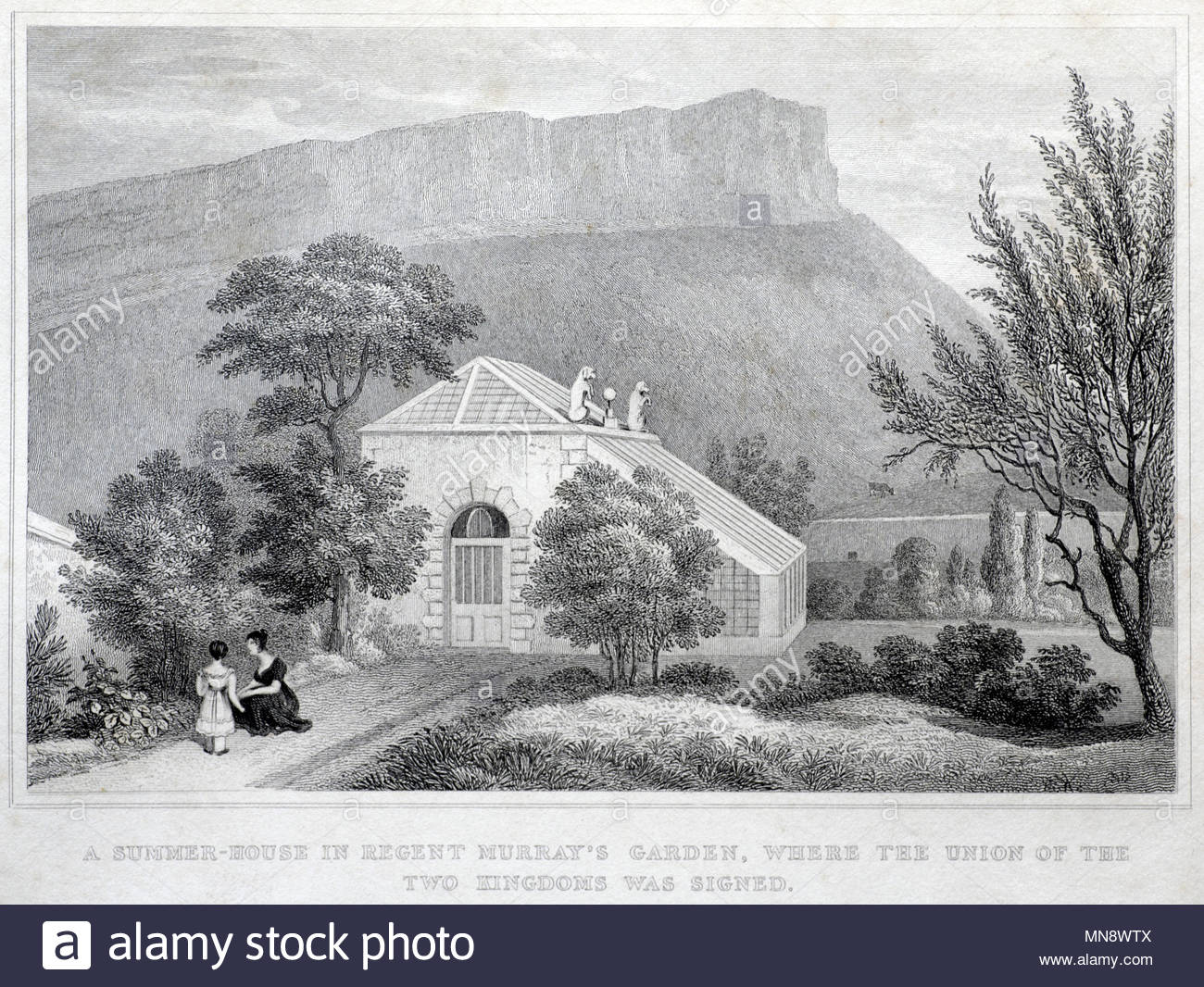 Ein Sommerhaus in der Regent Murray's Garten, in dem die Vereinigung der beiden Königreiche wurde unterzeichnet, Edinburgh, antiken Gravur von 1829 Stockfoto