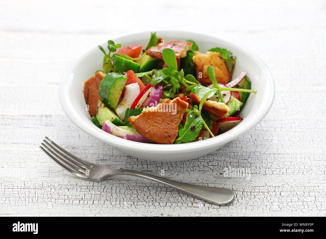 Fattoush Salat mit sumach und Fladenbrot, libanesische Küche Stockfoto