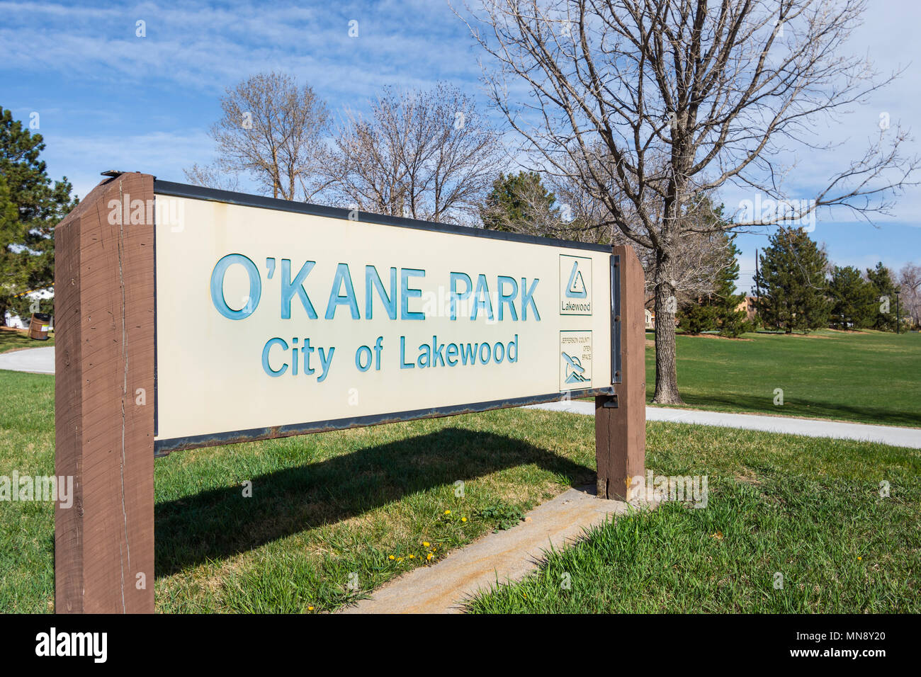 Zeichen für O'Kane öffentlichen Park, Lakewood, Colorado, USA. Stockfoto