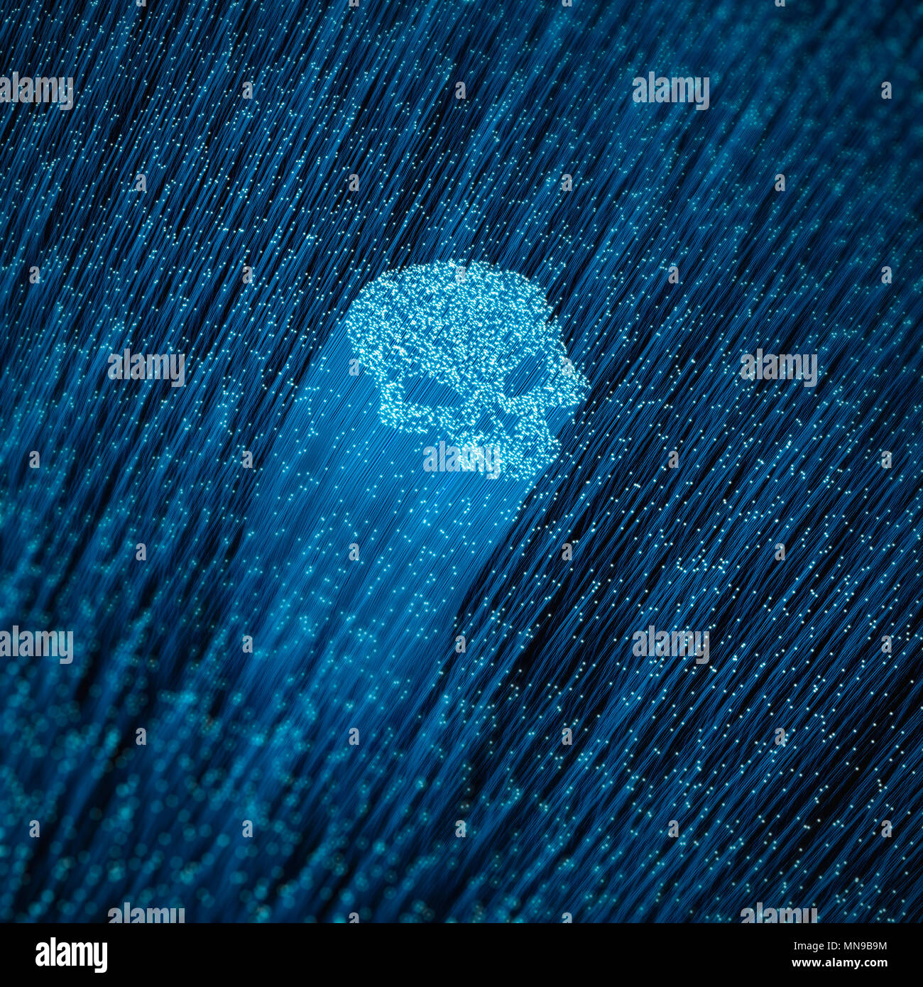 Lwl-Computer virus Konzept-/3D-Darstellung der glühenden optische Fasern bilden Schädel Form Stockfoto