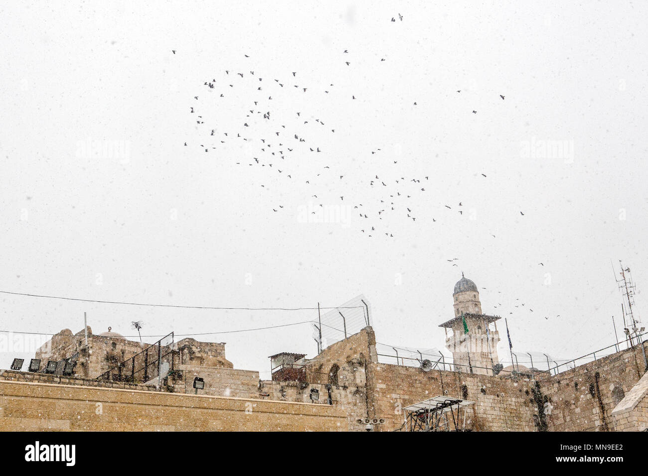 Jerusalem Altstadt Gebäude während eines Schneesturms Stockfoto