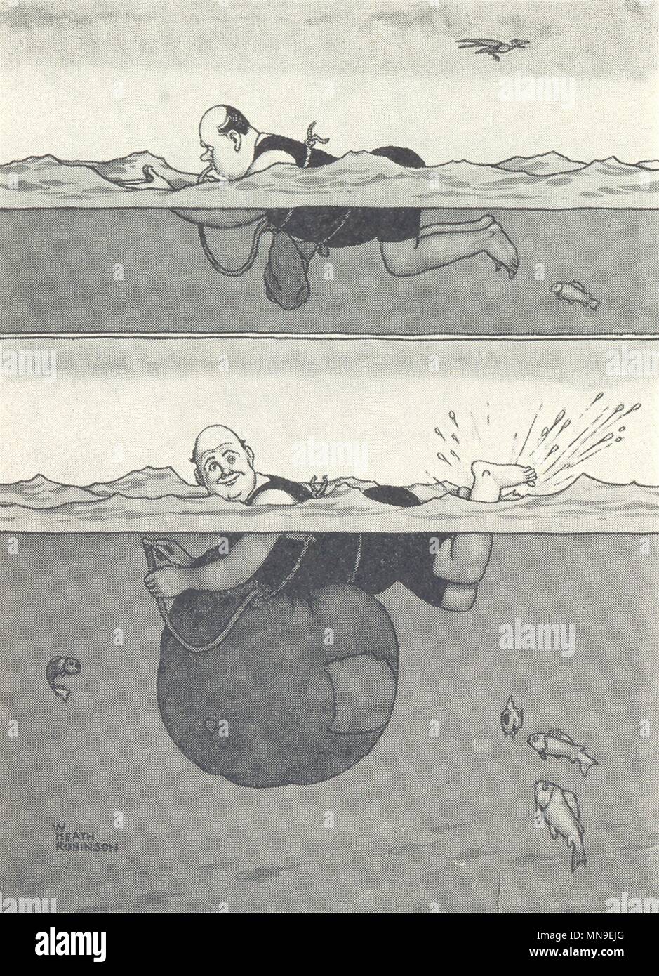 HEATH ROBINSON. Der Kanal Schwimmer Ruse, um Auftrieb/Ermüdung vermeiden. Kleine 1935 Stockfoto