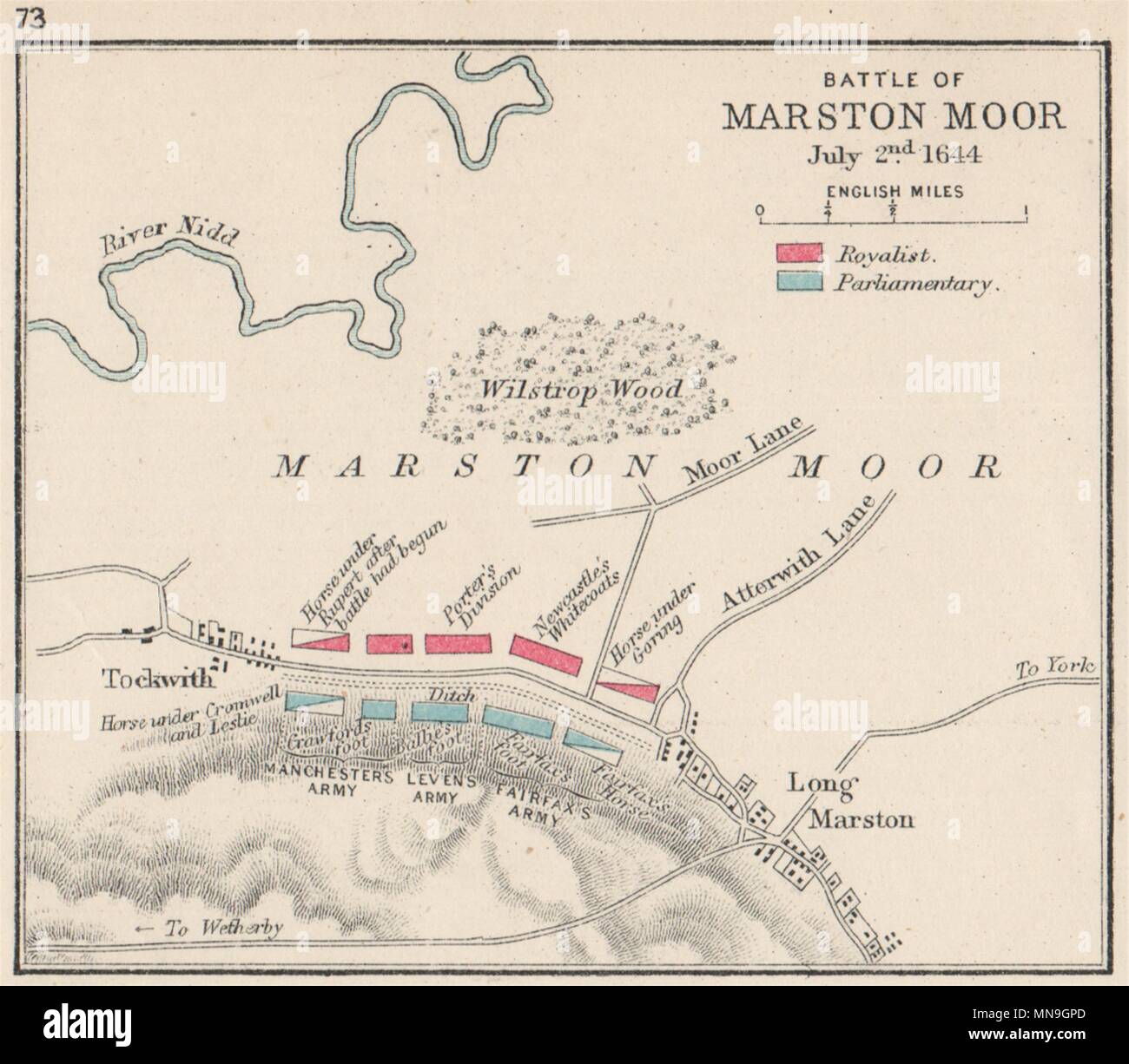 Englischer Bürgerkrieg Schlacht von Marston Moor 1644. König gegen Parlament. Kleine 1907-Karte Stockfoto