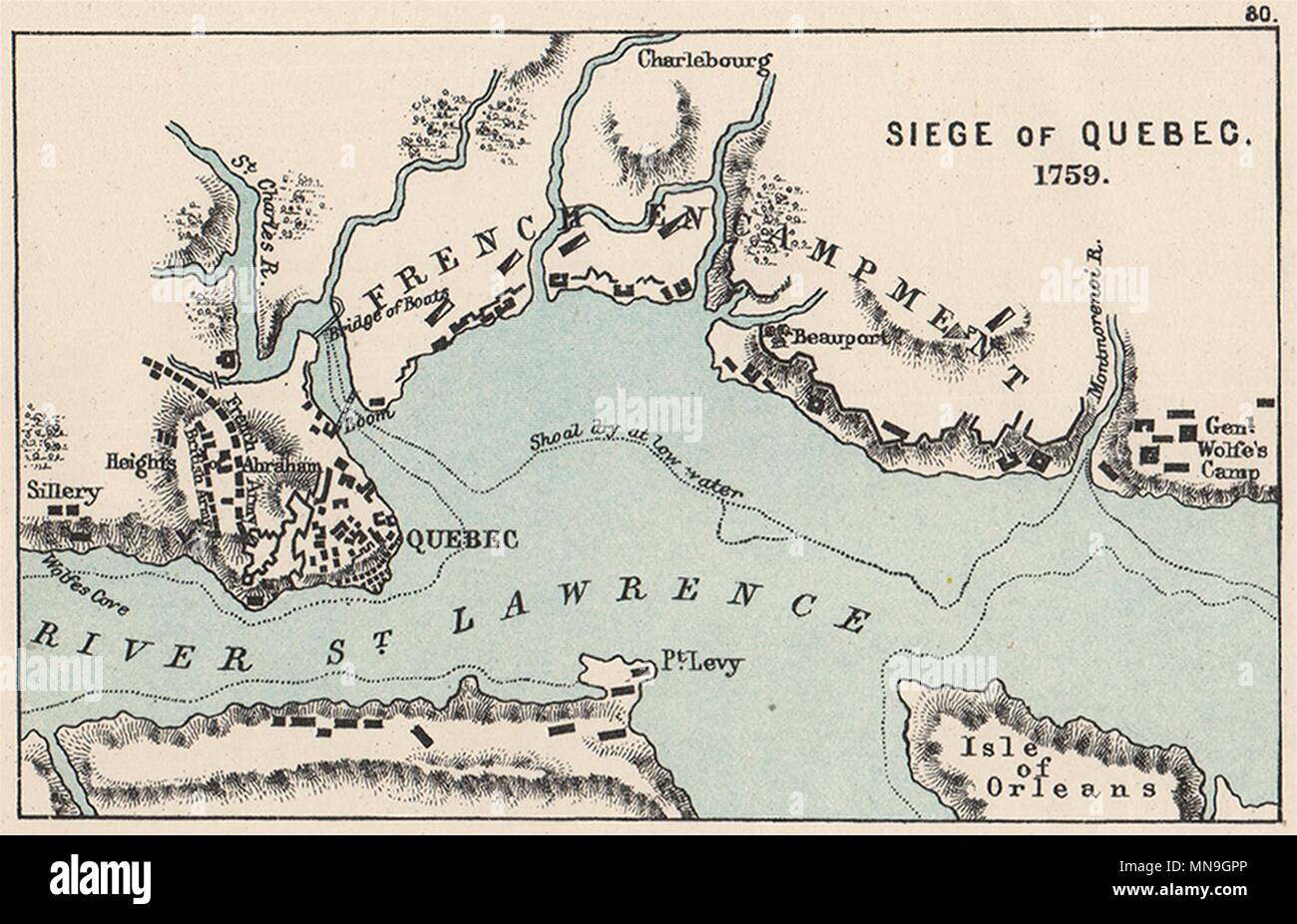 Sieben Jahre Krieg. Belagerung von Quebec 1759. Ebenen von Abraham. Kleine 1907 alte Karte Stockfoto