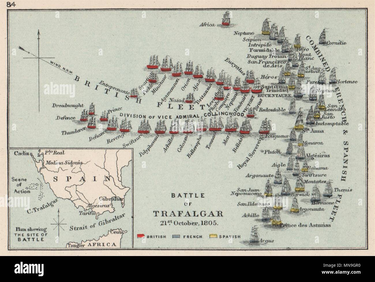 Schlacht von Trafalgar. 21. Oktober 1805. Krieg der Dritte Koalition. Kleine 1907-Karte Stockfoto