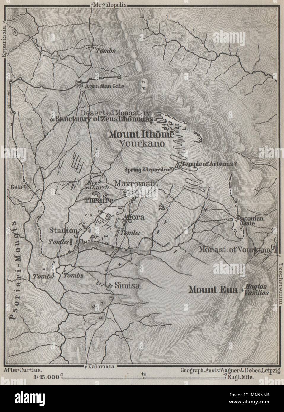 Halterungen & BERG ITHOME EVA & Umgebung. Vourkano Eua. Messenien, Griechenland 1909 Karte Stockfoto