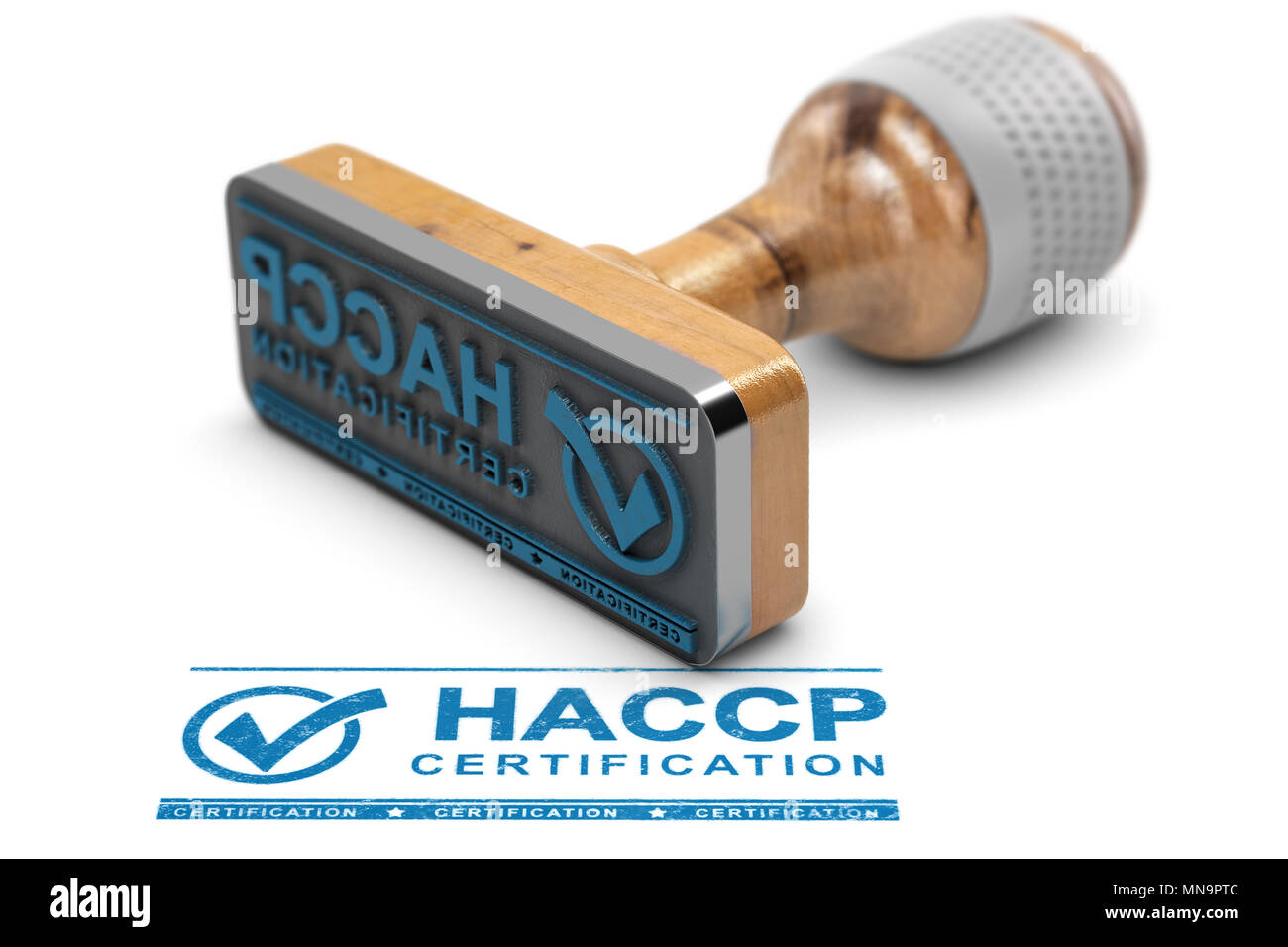 Stempel mit dem Text HACCP Zertifizierung gestempelt auf weißen Hintergrund. 3D-Darstellung. Stockfoto