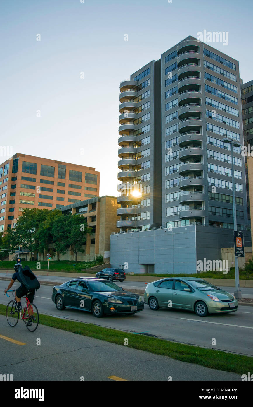 Downtown Madison, Wisconsin, um das Kapitol. Stockfoto