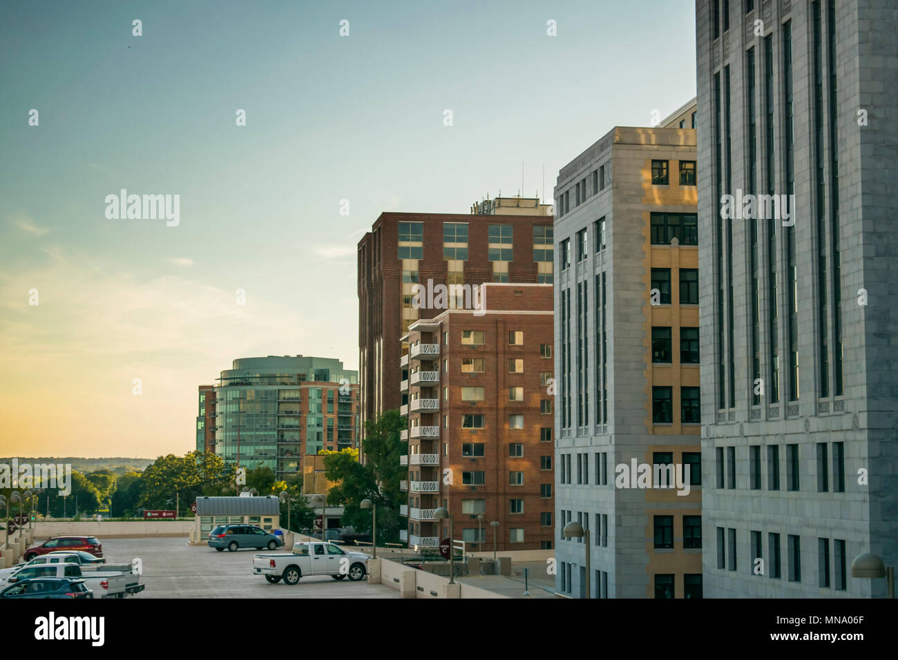 Downtown Madison, Wisconsin, um das Kapitol. Stockfoto