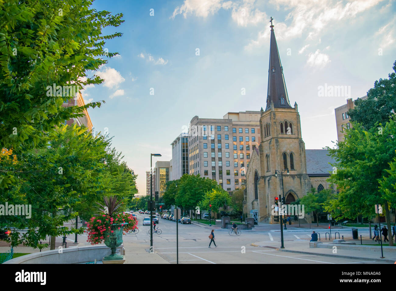 Downtown Madison, Wisconsin, um das Kapitol. Stockfoto