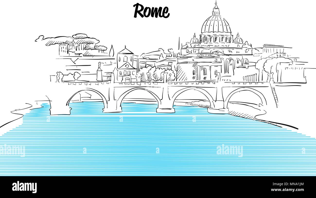 Skyline Roms Ferienhäuser skizzieren Skizze, Hand Vektor Kontur Artwork gezeichnet Stock Vektor