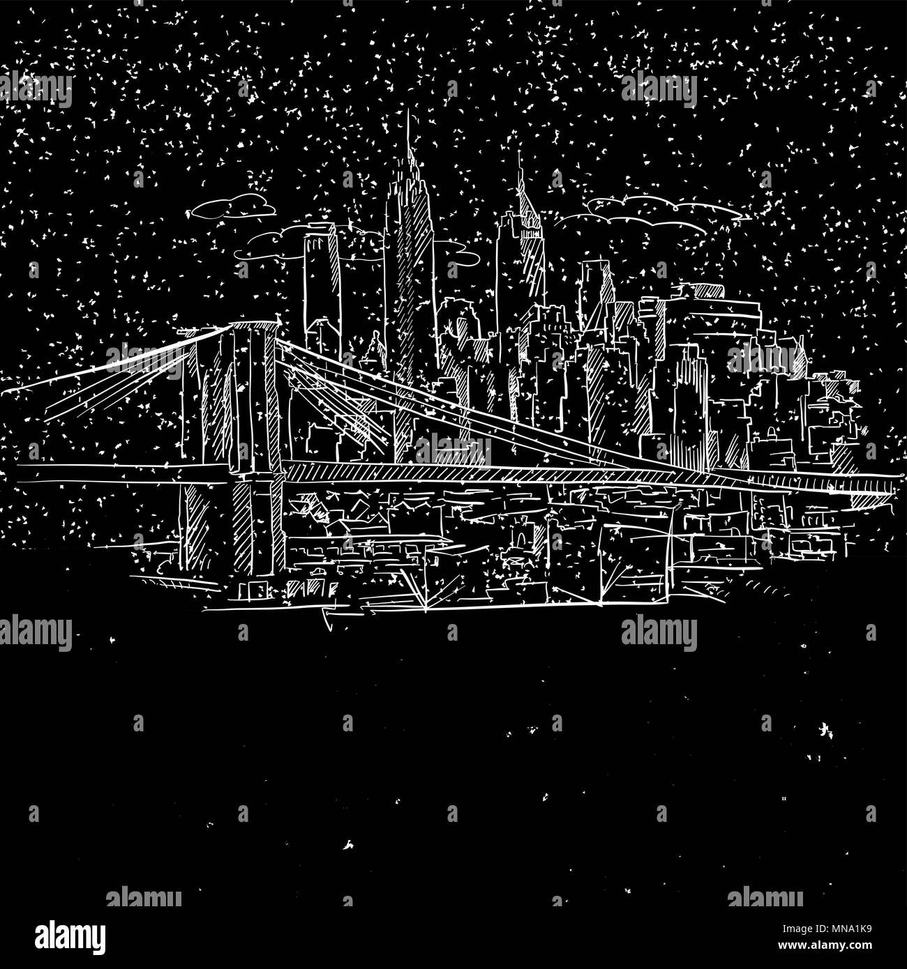 New York bei Nacht mit Brooklyn Bridge Skizze, Handgezeichneten Illustration Vektor Kontur Artwork Stock Vektor