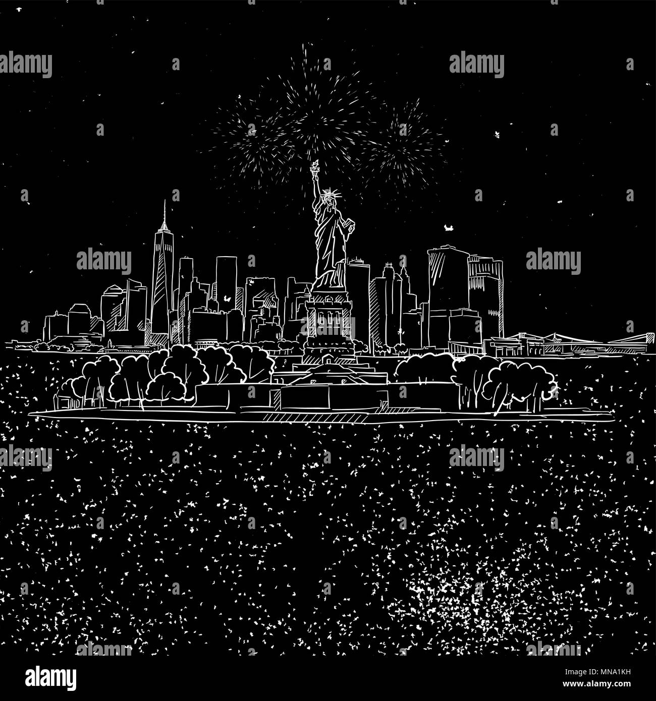 New York City und Liberty Statur auf der Insel bei Nacht Skizze, Handgezeichneten Illustration Vektor Kontur Artwork Stock Vektor
