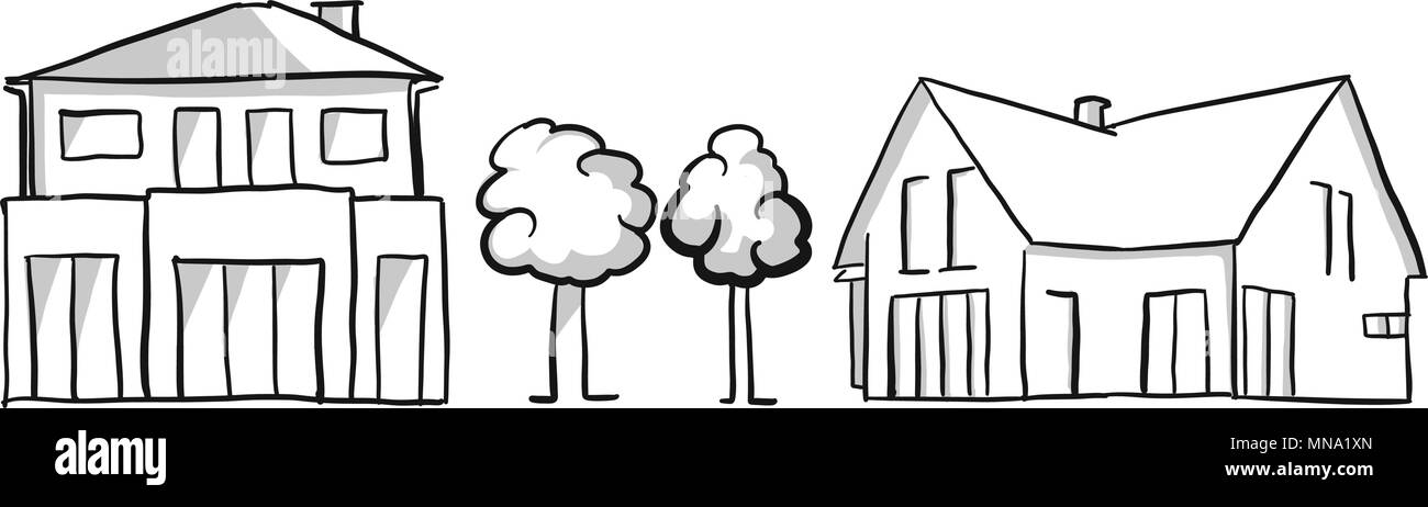 Familie Haus und Villa vektor Skizze, Hand gezeichnet Vektor Maßbild schwarzen Stift auf weißem Grund Stock Vektor