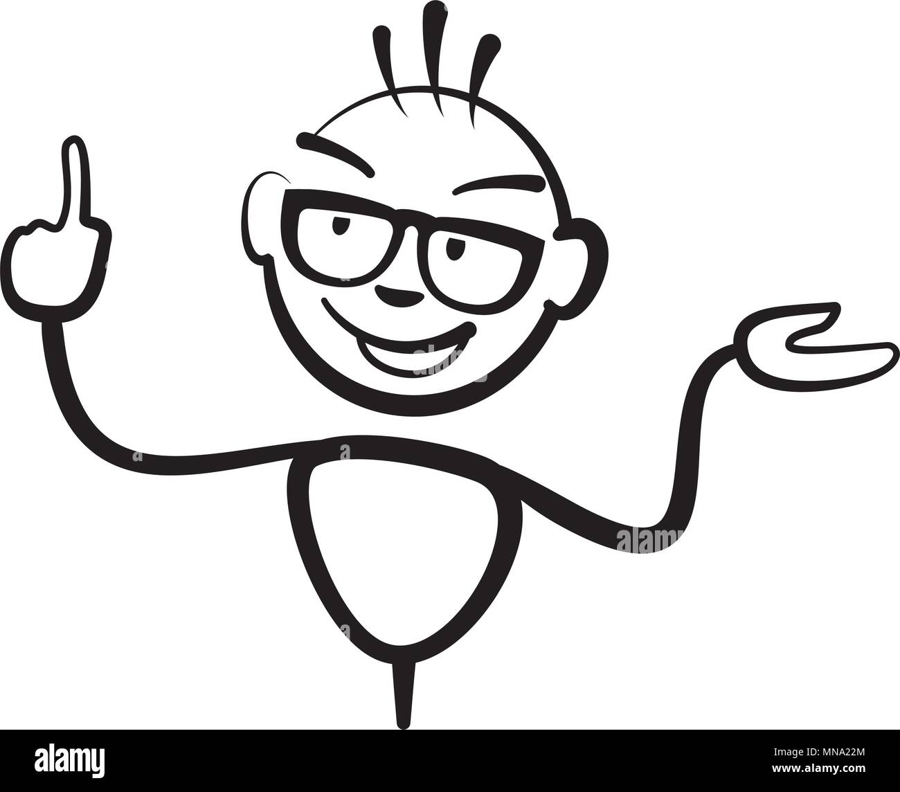 Strichmännchen Mann mit Brille Finger, Stickman Vektor-zeichnung auf weißem Hintergrund Stock Vektor