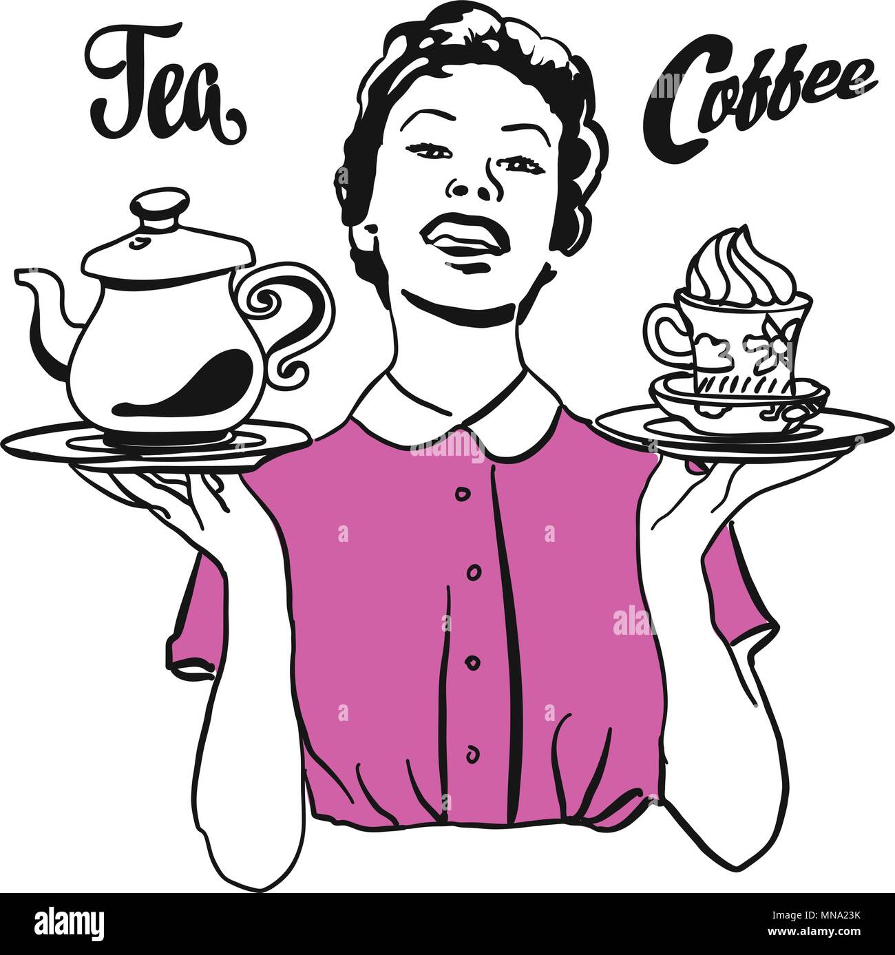 Vintage Kellnerin präsentiert Kaffee und Tee, Handskizze mit Schriftzug Artwork gezeichnet. Nützlich für Cafe und Restaurant in jede Art von Werbung für Web Stock Vektor