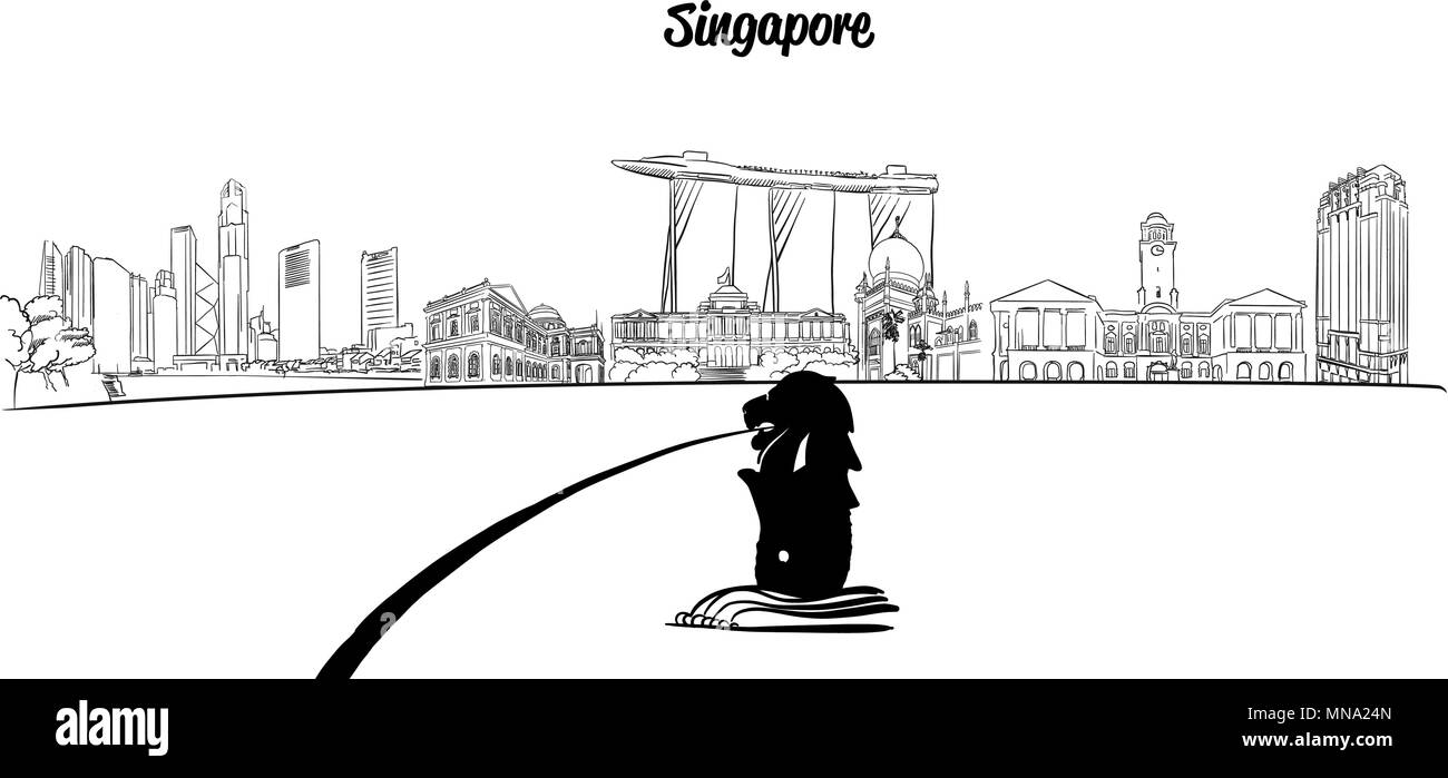 Singapur Umrisse Silhouette mit Löwen im Vordergrund, Vektor skizziert Umrisse Artwork Stock Vektor