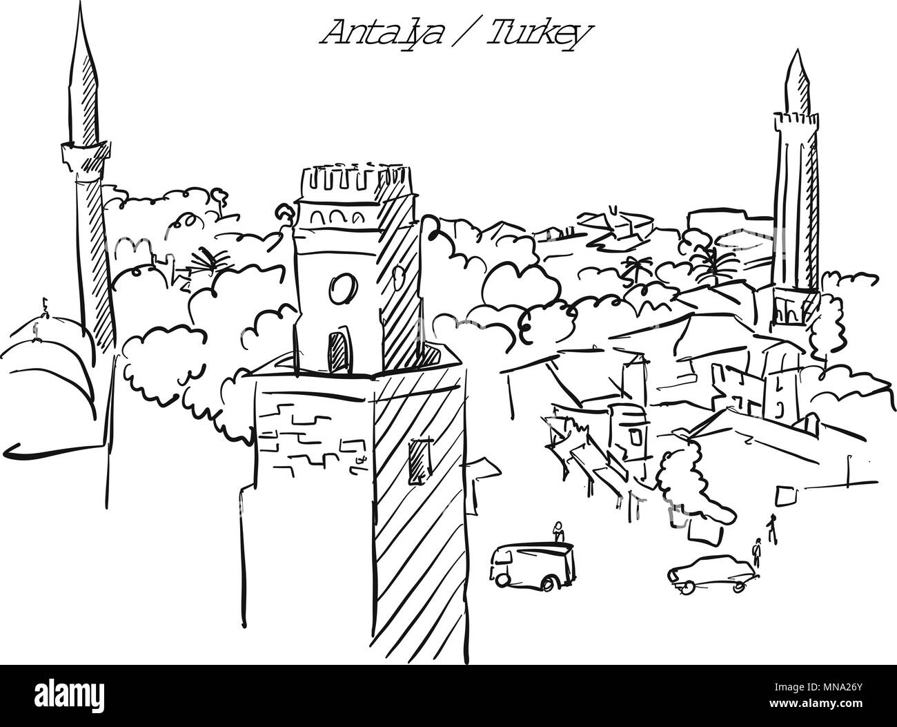 Antalya Türkei Altstadt Färbung, berühmte Reiseziel Sehenswürdigkeit, Hand Vektorgrafiken erstellt Stock Vektor