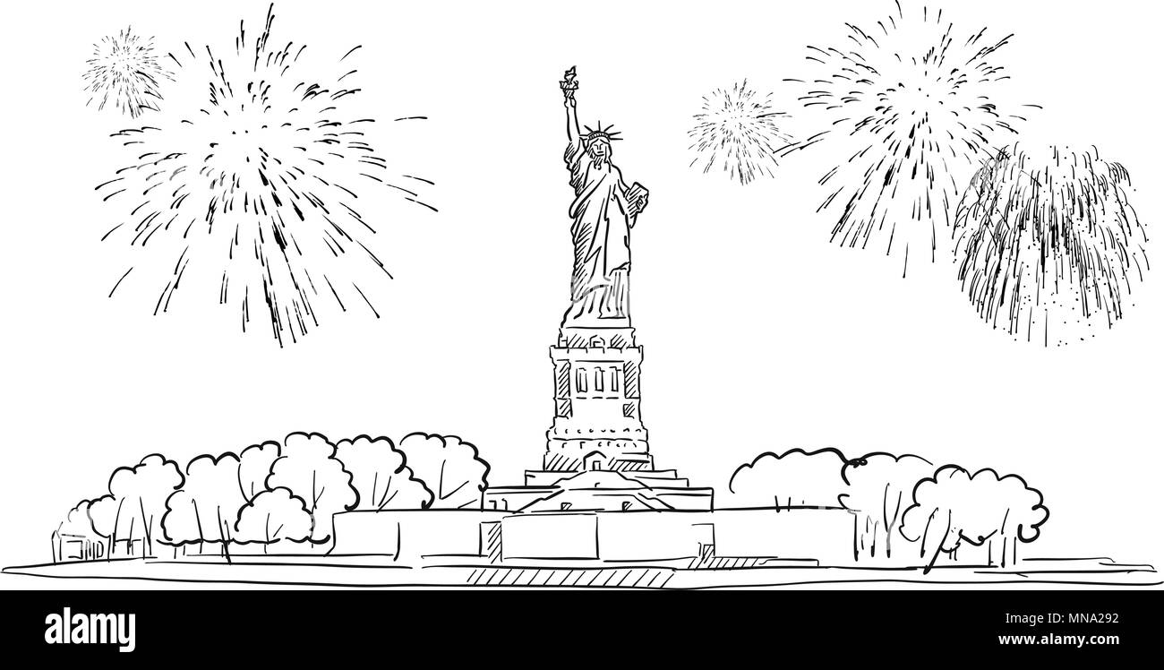 Freiheitsstatue mit Feuerwerk Illustration, Hand Vektor Kontur Artwork gezeichnet Stock Vektor