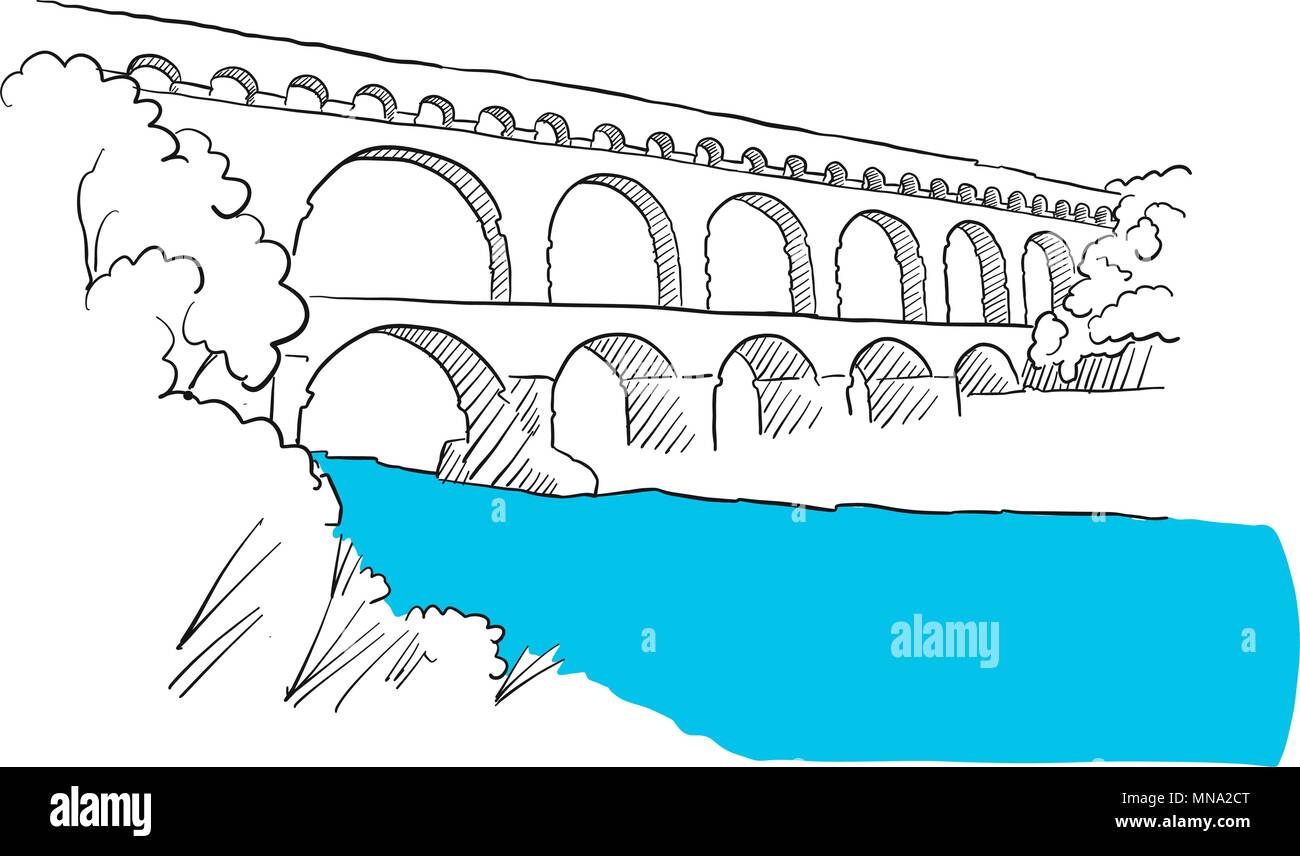 Du Pont Gard languedoc, Nimes Frankreich, Skizze, Handgezeichnete Vektor Kontur Artwork Illustration Stock Vektor