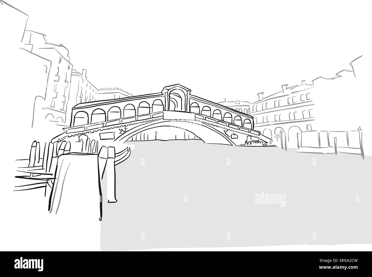 Venedig Grußkarte Rialto Brücke Zeichnung, Handgezeichneten Vektor Kontur Artwork Illustration Stock Vektor