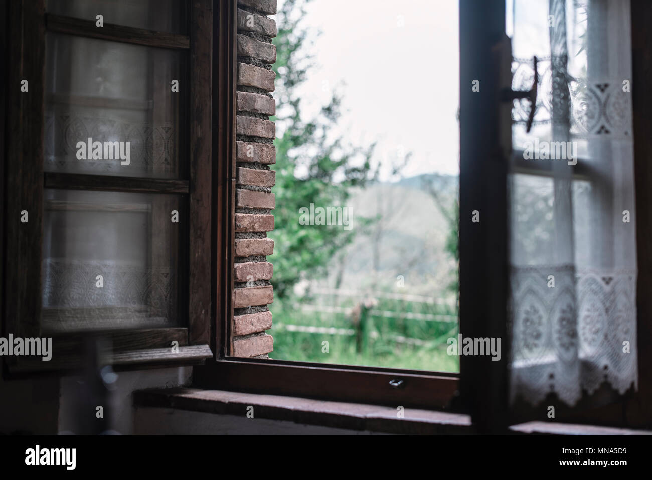 Blick aus dem Fenster der Farm Table Restaurant in Italien Stockfoto